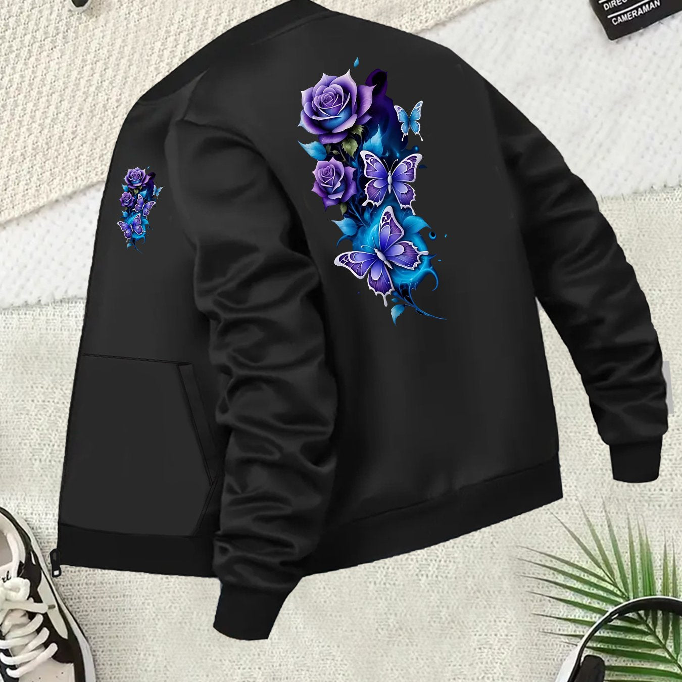 Plus Size Women's Black Floral Butterfly Print Casual Jacket with Pockets