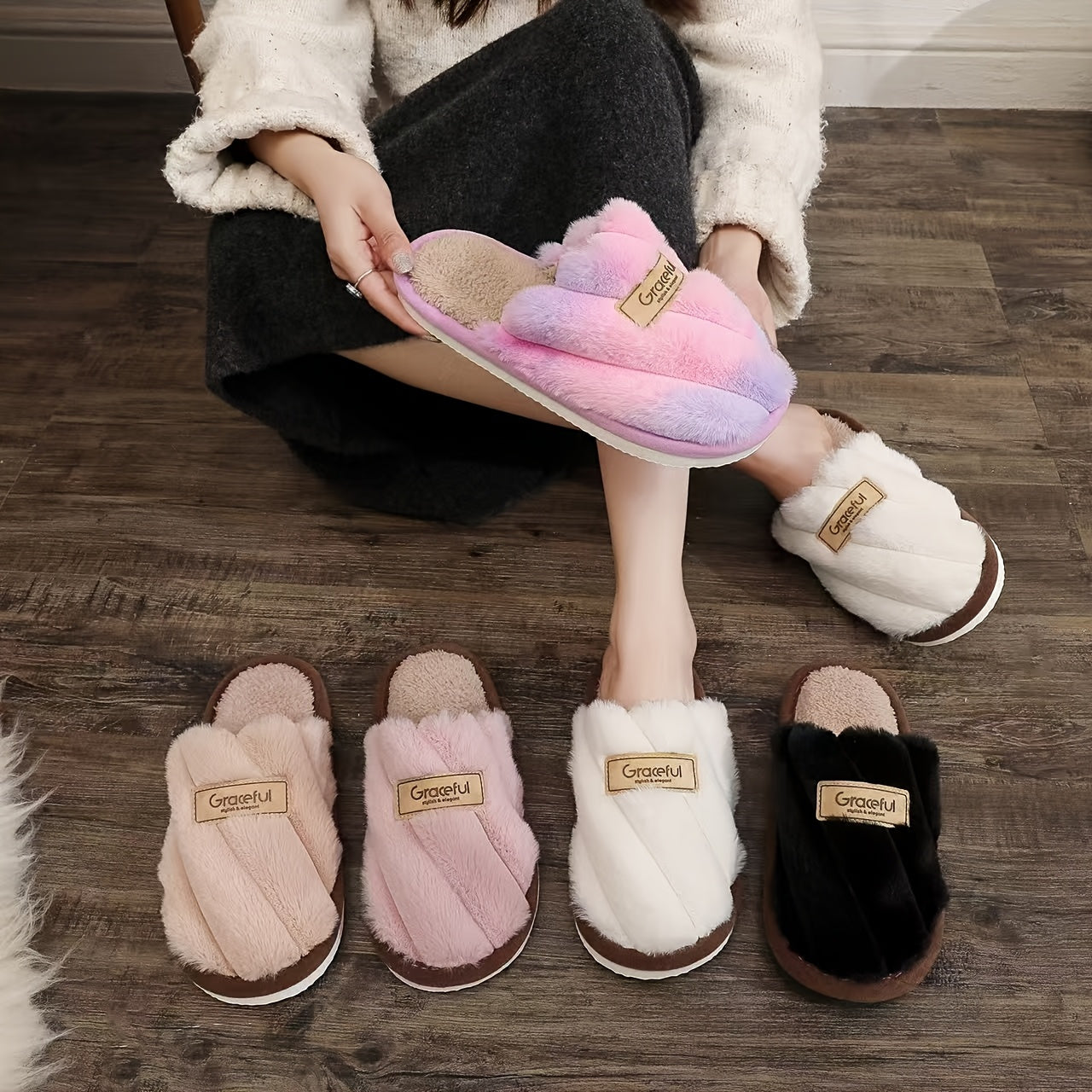 Women’s Plush Fleece Indoor Slippers Black Pink White Cozy House Shoes