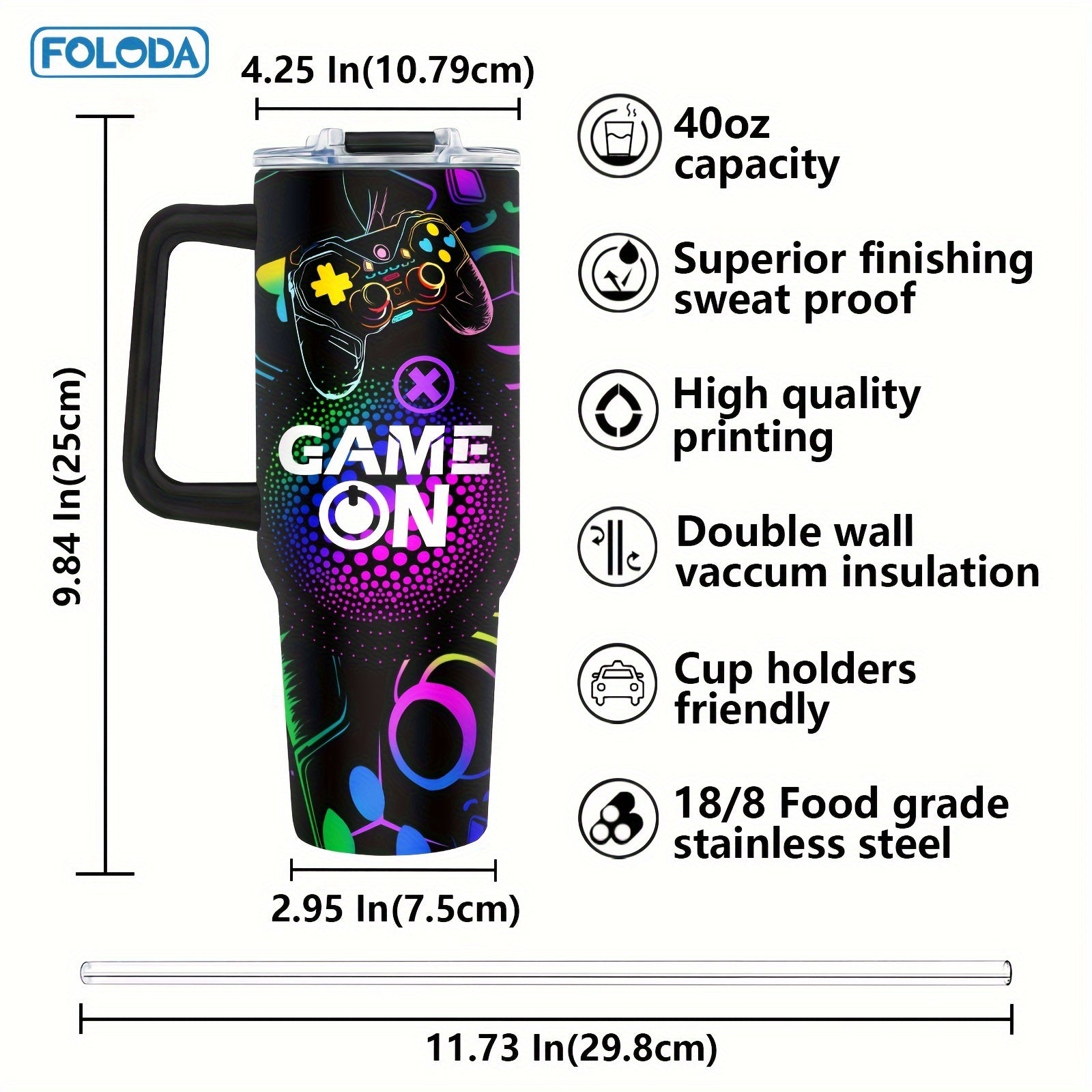 40oz Stainless Steel Tumbler with Gaming Controller Design, Handle, Lid, Straw