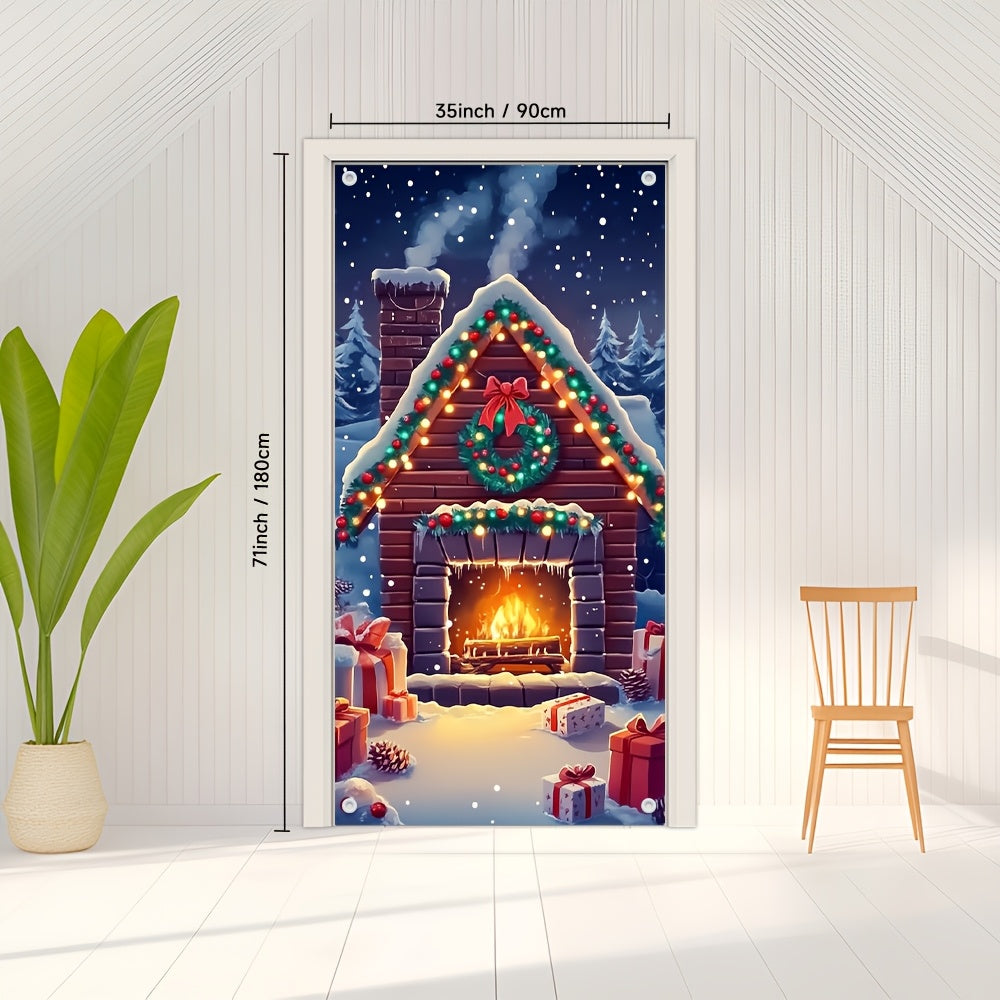 Festive Snowy Fireplace Door Cover for Holiday Winter Events Cozy Entryway