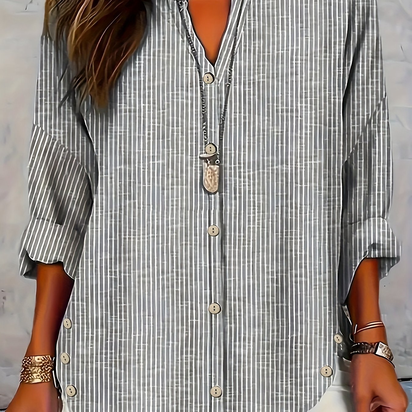 Plus Size Women's V-Neck Long Sleeve Button-Up Shirt Casual Striped Blouse Work Attire