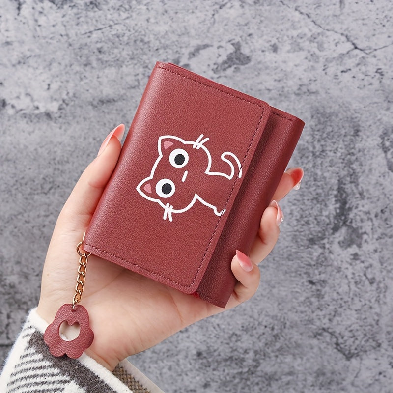 Billetera de cartón de gato rosa de tres pliegues para mujeres con llavero monedero y ranuras para tarjetas