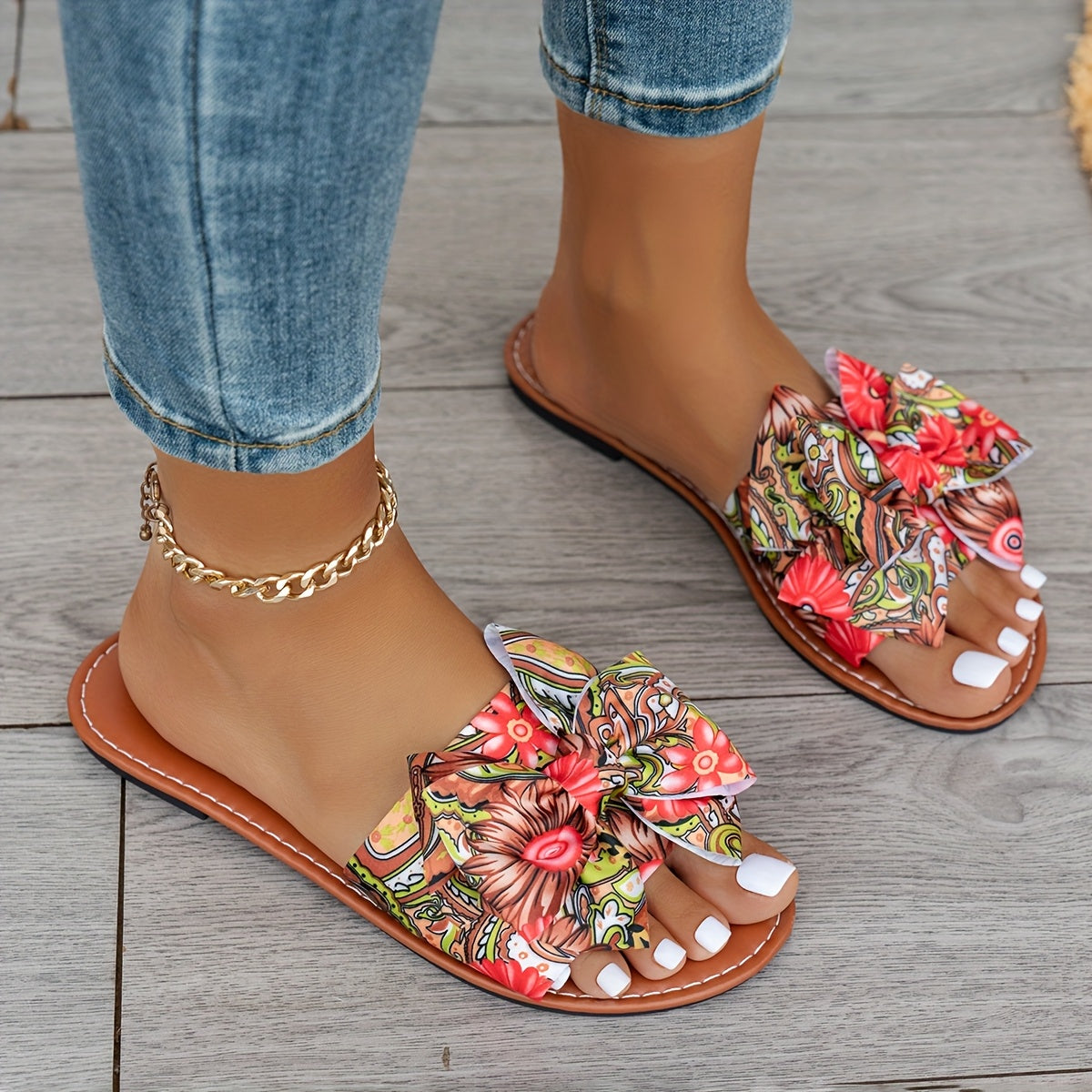 Women Bohemian Floral Slide Sandals Vibrant Blue Orange Green Strappy