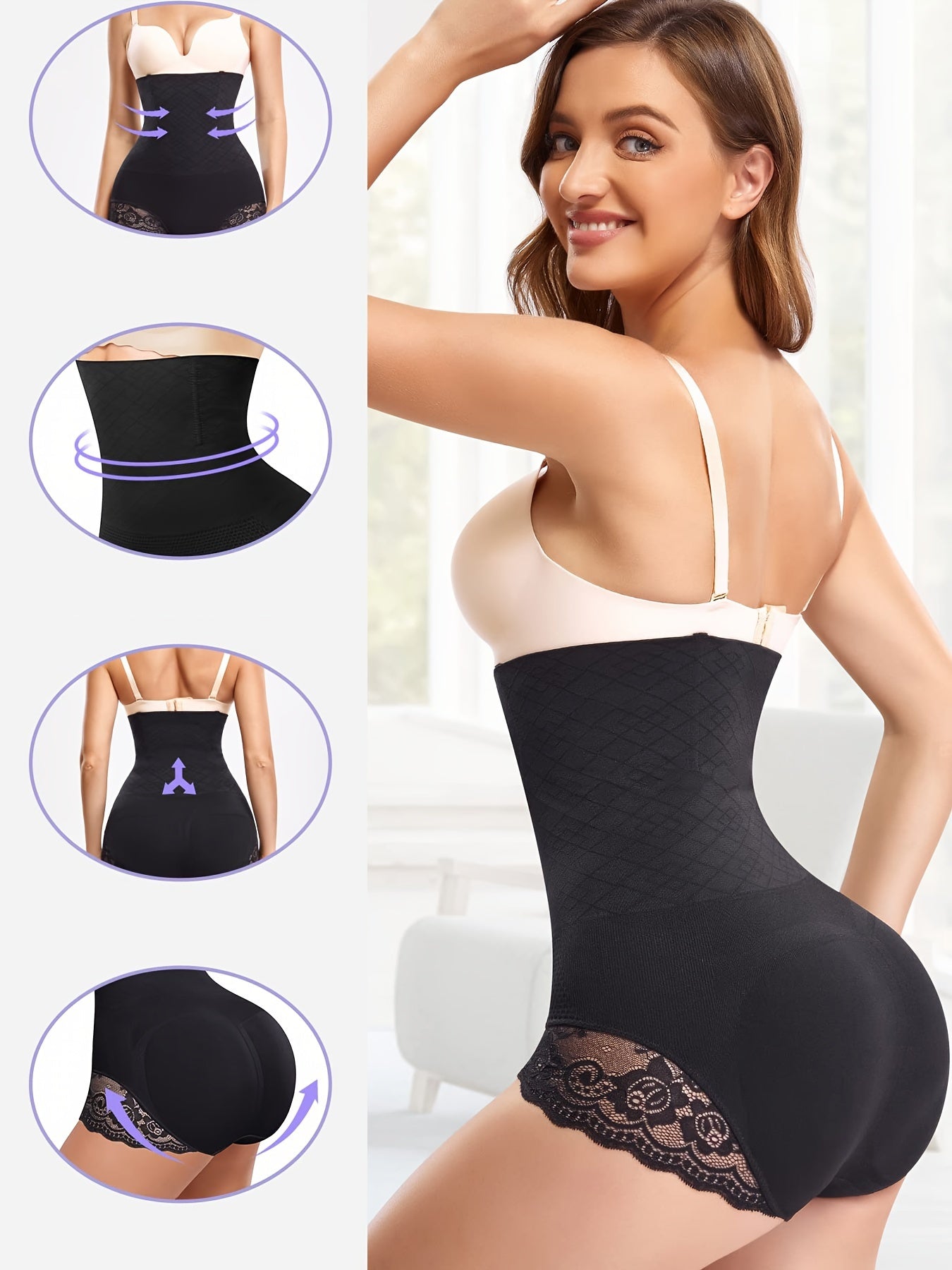 Women’s High Waist Tummy Control Lace Shaping Panties Solid Color