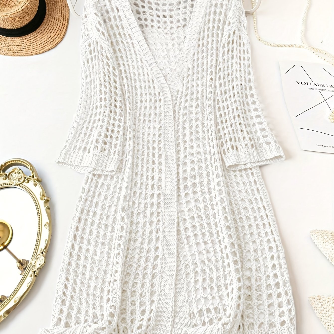 Women Plus Size V-Neck Cardigan Acrylic Hollow Knit Solid Spring Summer