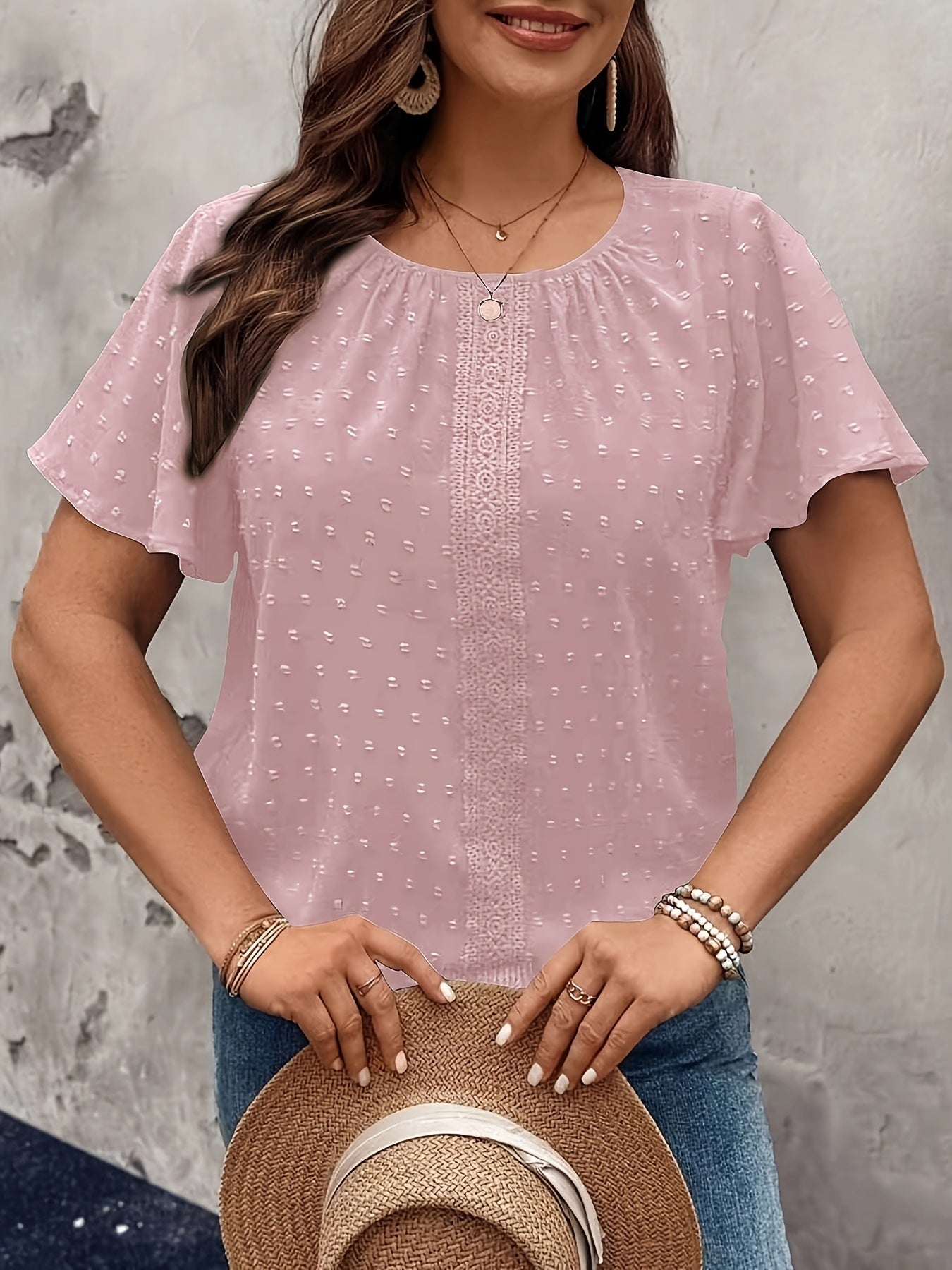 Plus Size Women's Smocked Blouse Black Short Sleeve Casual Formal Top