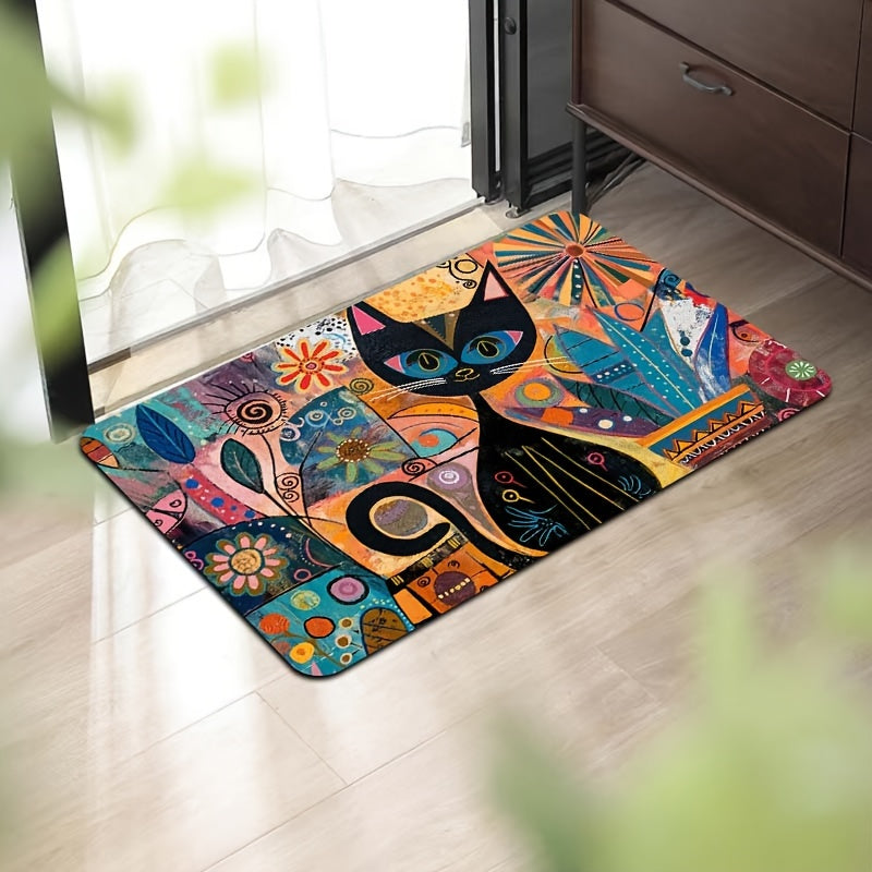 Abstract Art Cat Doormat Non-Slip Polyester Washable Entryway Rug