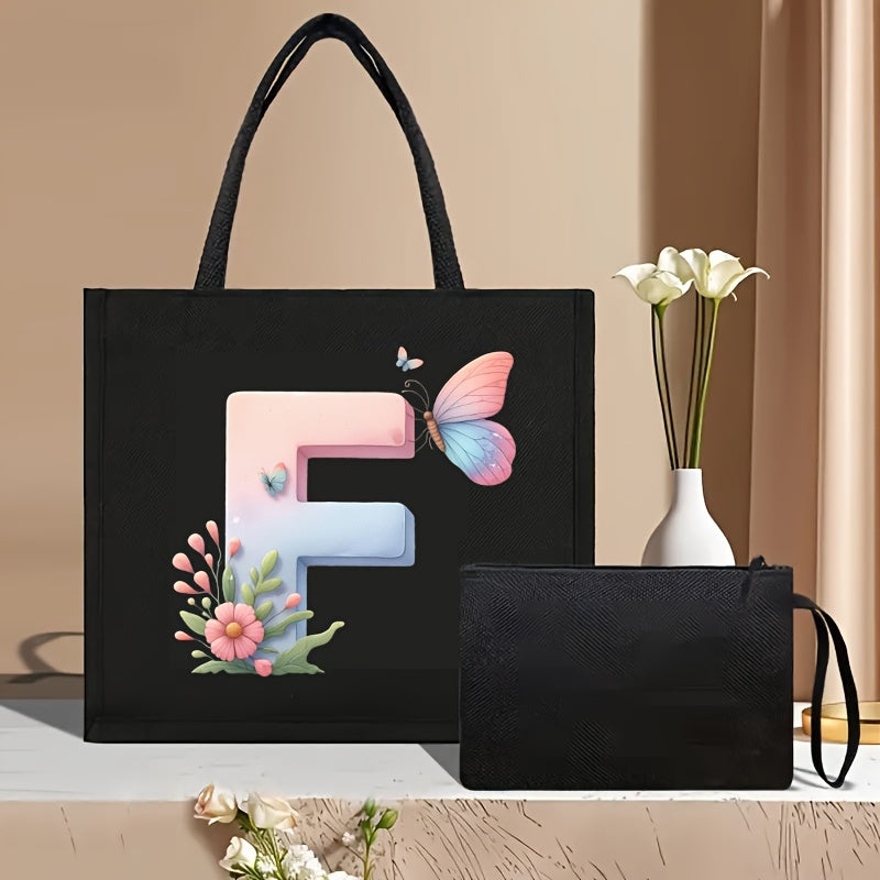 Set of 2 Floral Letter Print Canvas Tote Bags Large Handbag with Clutch Pouch