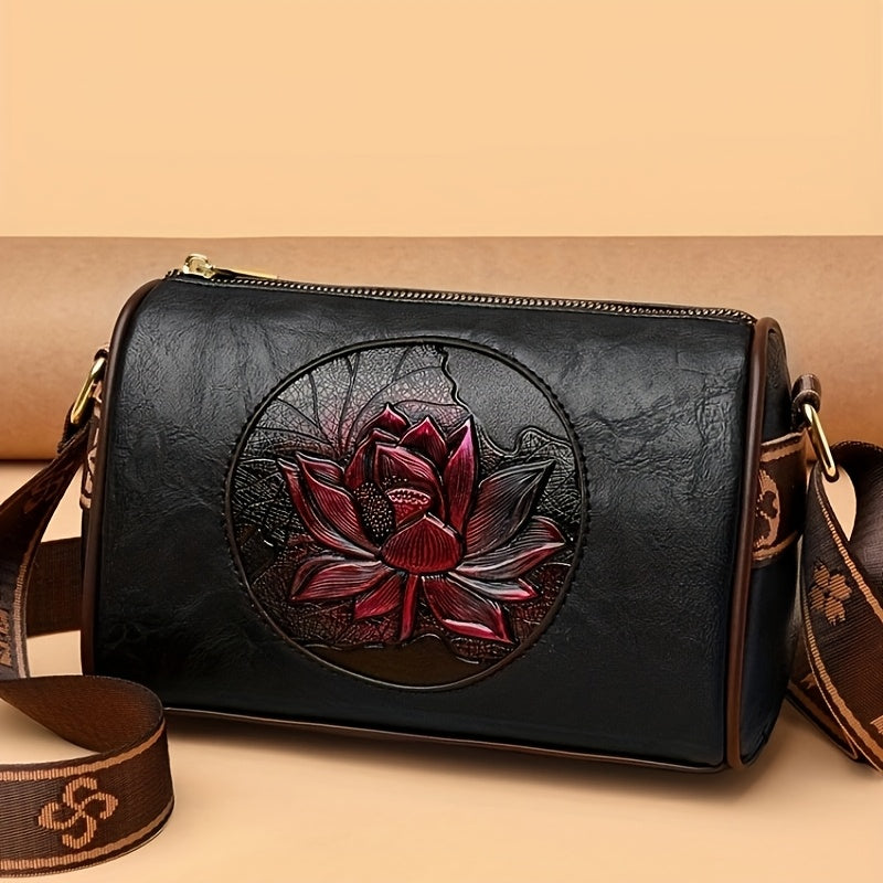 Bolso de mano vintage con estampado floral para mujer con correa desmontable y cierre de cremallera