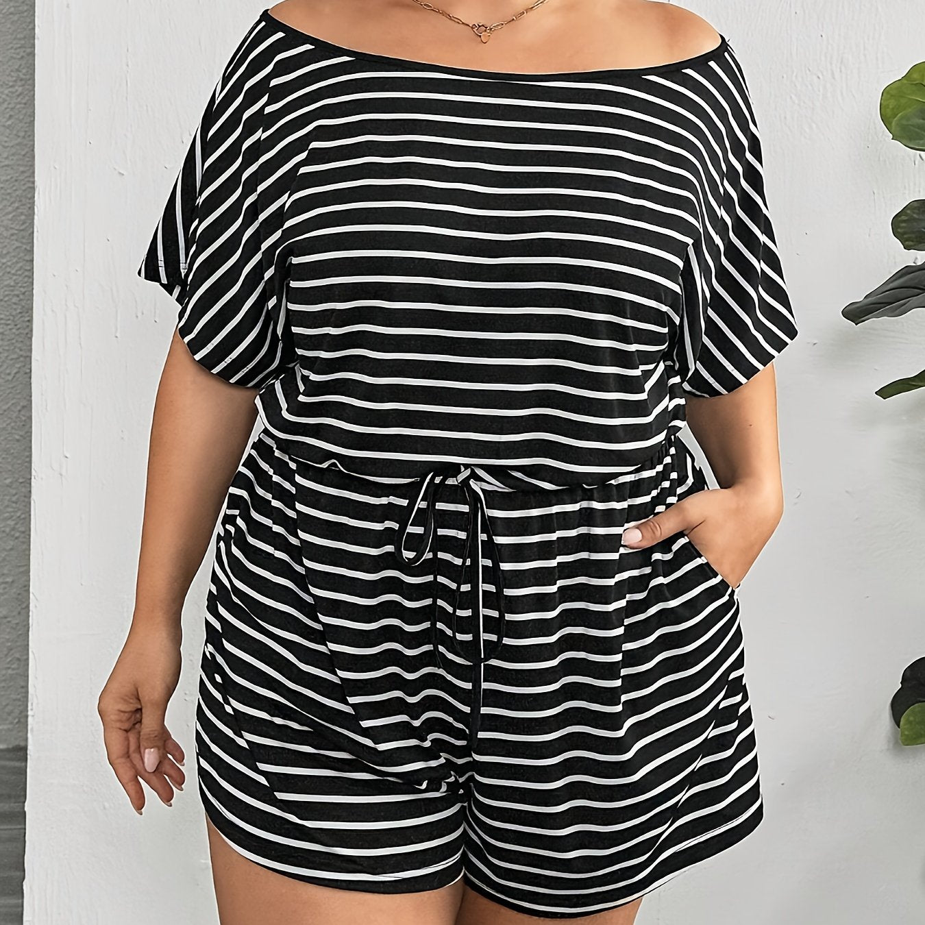 Plus Size Women's Striped Off-Shoulder Jumpsuit with Short Sleeves