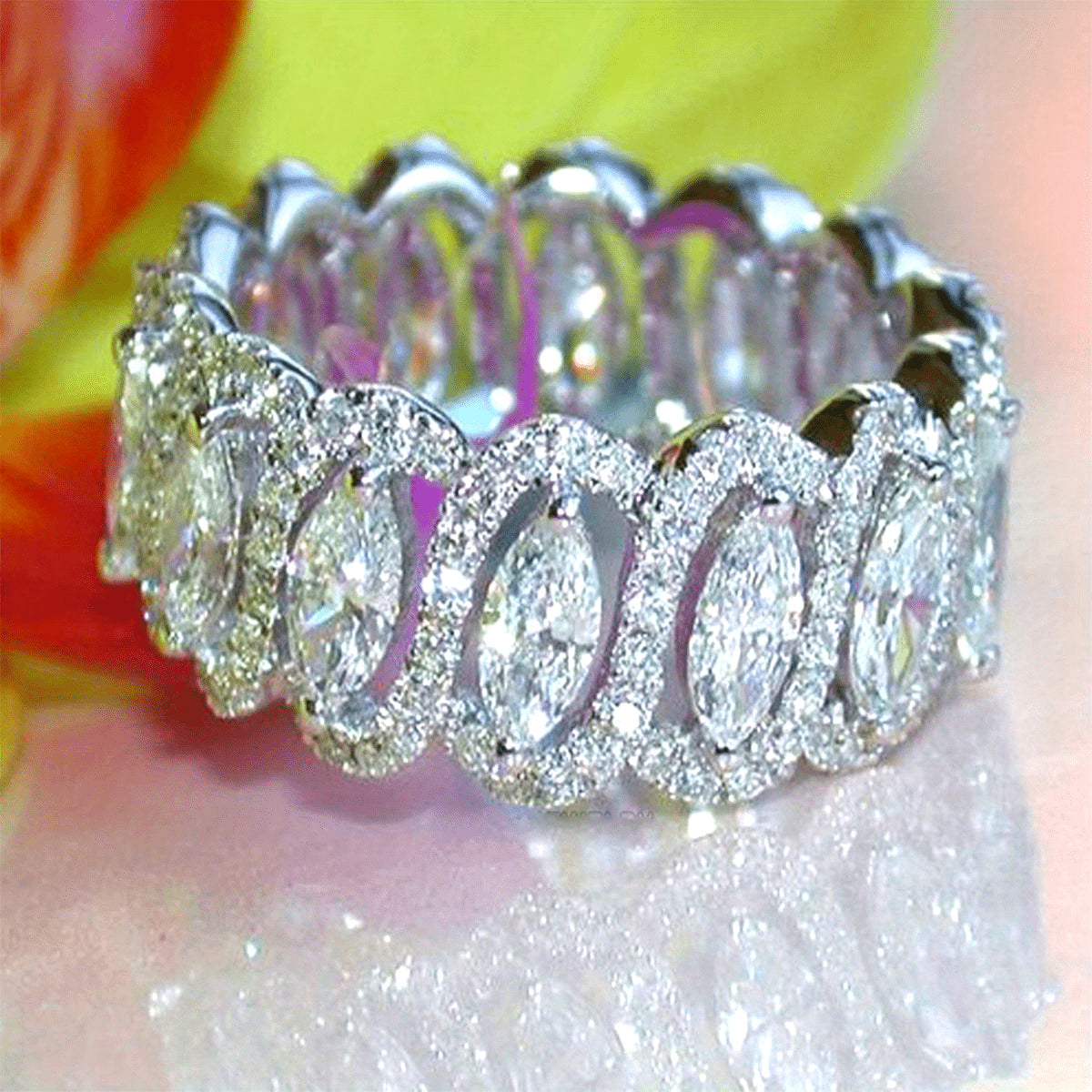 Sterling Silver Eternity Band Ring with Marquise Cubic Zirconia for Anniversary