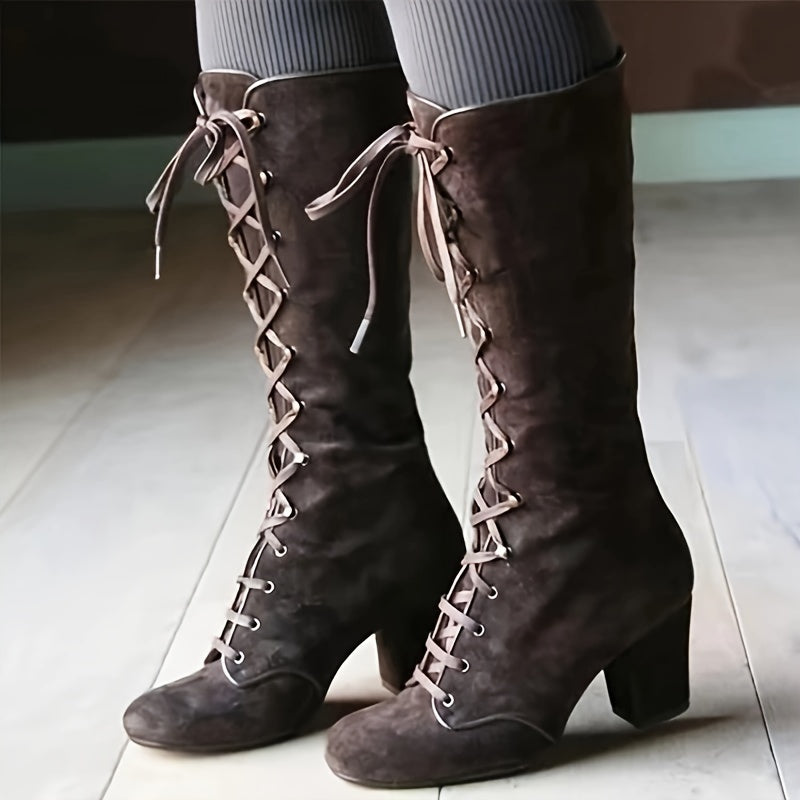 Women's Solid Color Chunky Heel Boots Lace-Up Knee High Shoes