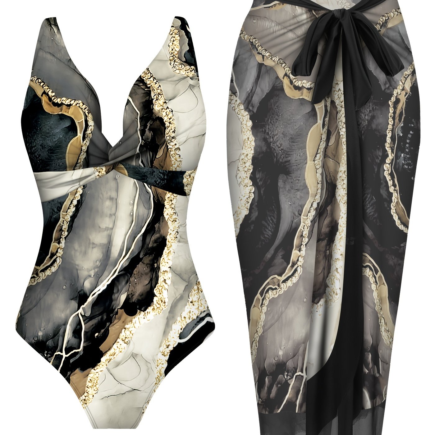 Комплект боди и обертки из мраморного океанского золота с завитком