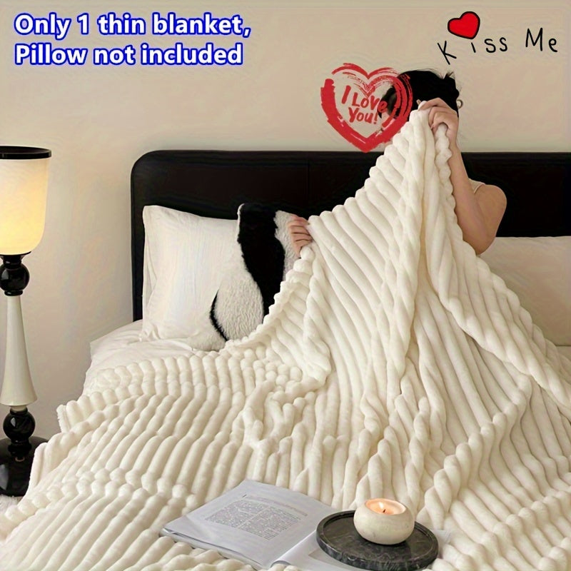 White Flannel Knitted Throw Blanket for Sofa Bed Travel Soft Cozy All-Season Lightweight Polyester 200gsm