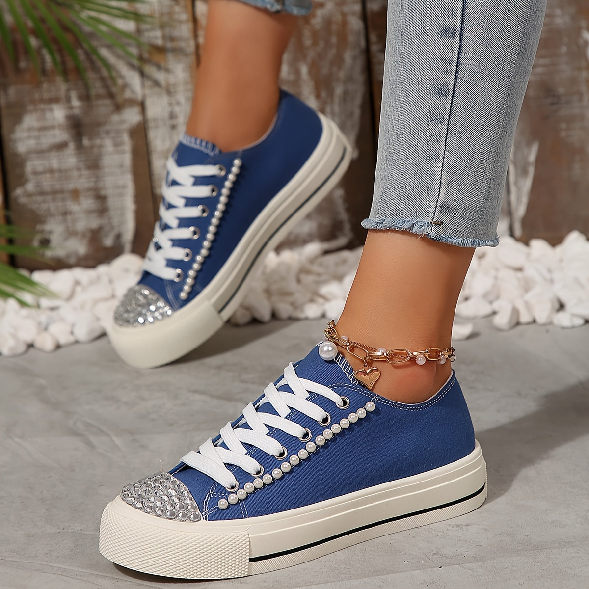 Women's Rhinestone Pearl Strap Casual Shoes With Thick Soles