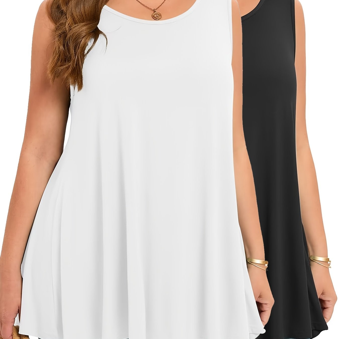 Plus Size Two-Piece Set Sleeveless Tank Top Solid Color Stretchy Casual