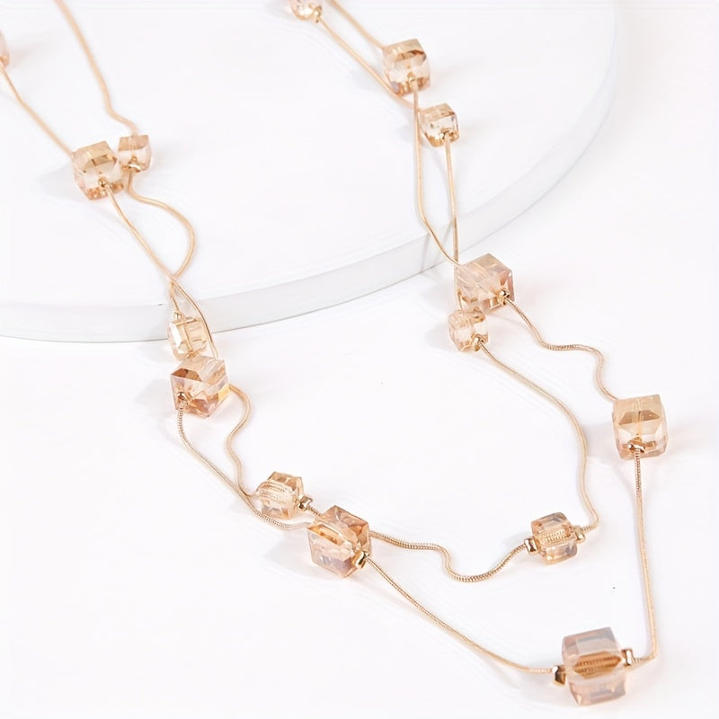 Women's Long Sweater Chain Necklace with Square Crystal Pendant