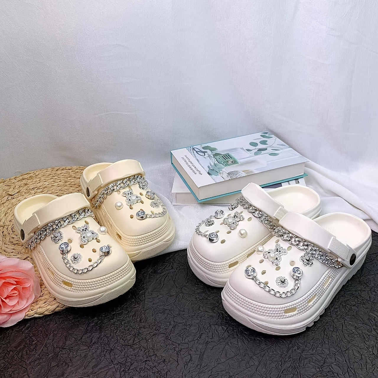 Women's EVA Hole Shoes Versatile Sandals with Rhinestone Chains and Sunflowers