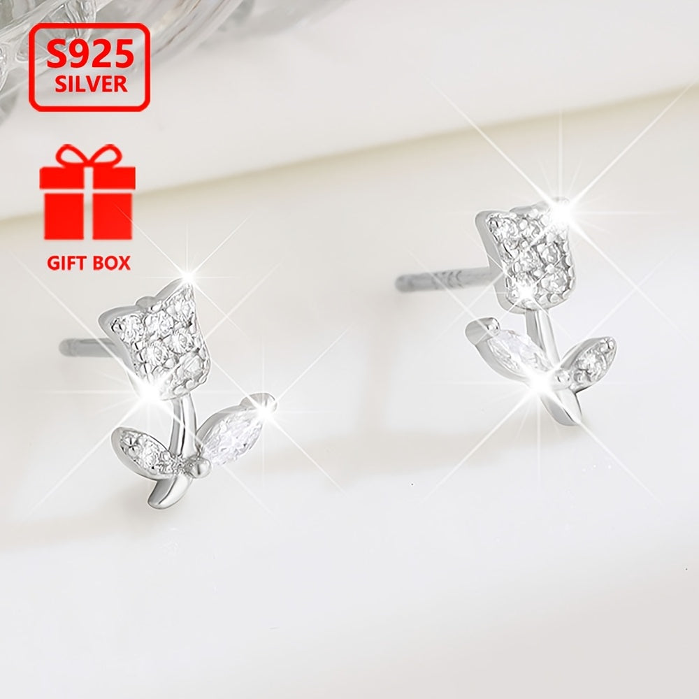 Удивительная пара серьг-гвоздиков в виде розы для женщин, изготовленных из 925-й стерлинговой серебра и украшенных сверкающим кубическим цирконием, идеально подходит для повседневной носки и в качестве подарка.