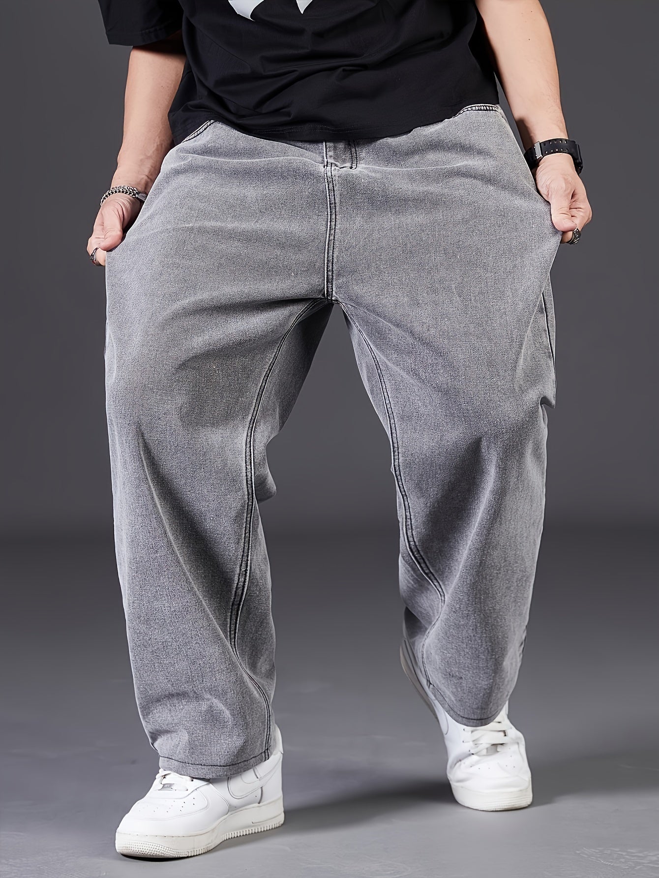 Men's Plus Size Straight Leg Jeans with Washed Detail Non-Stretch Cotton Blend Casual Spring Fall