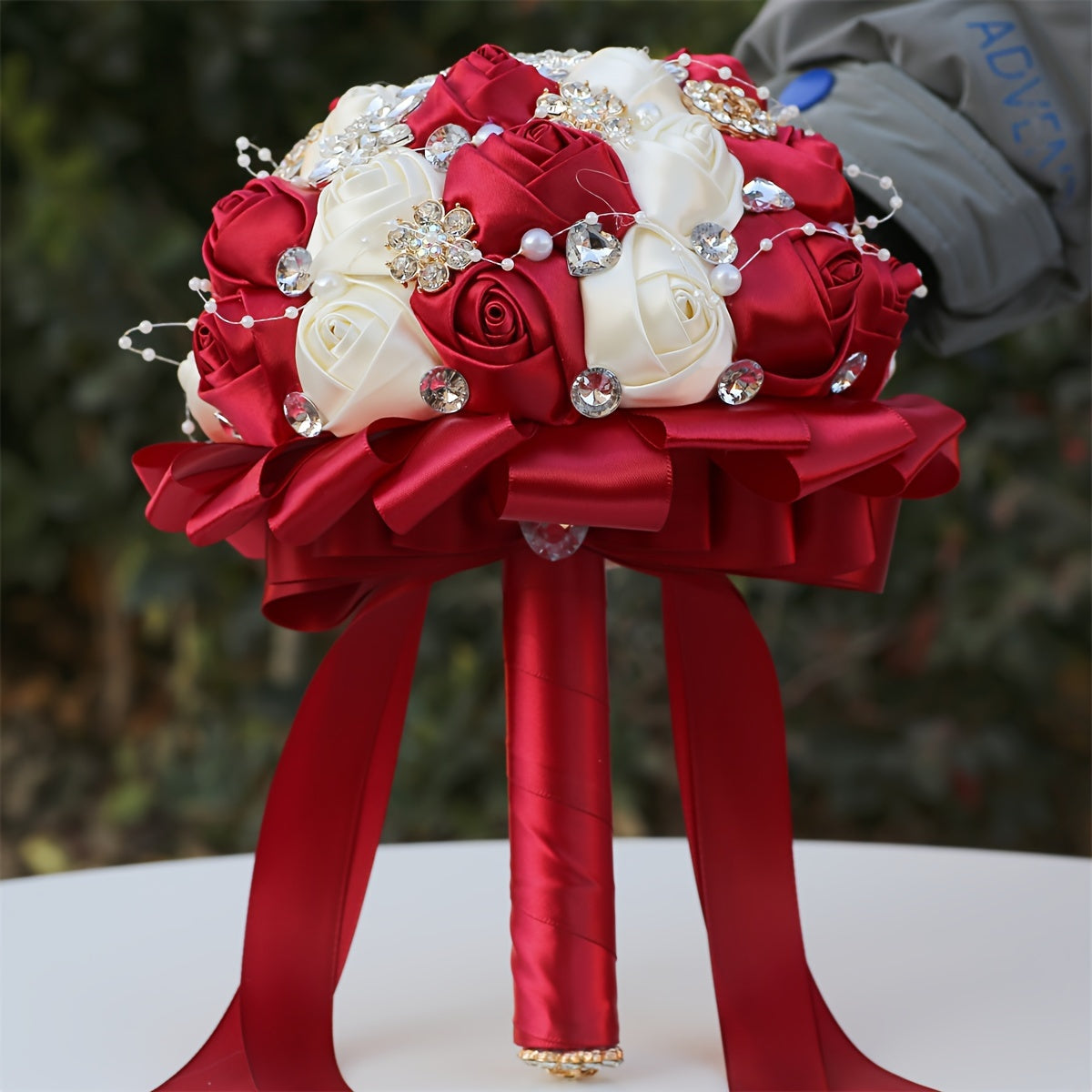 Handmade Wedding Bouquet Satin Flowers Rhinestones Faux Pearls for Bride Bridesmaids