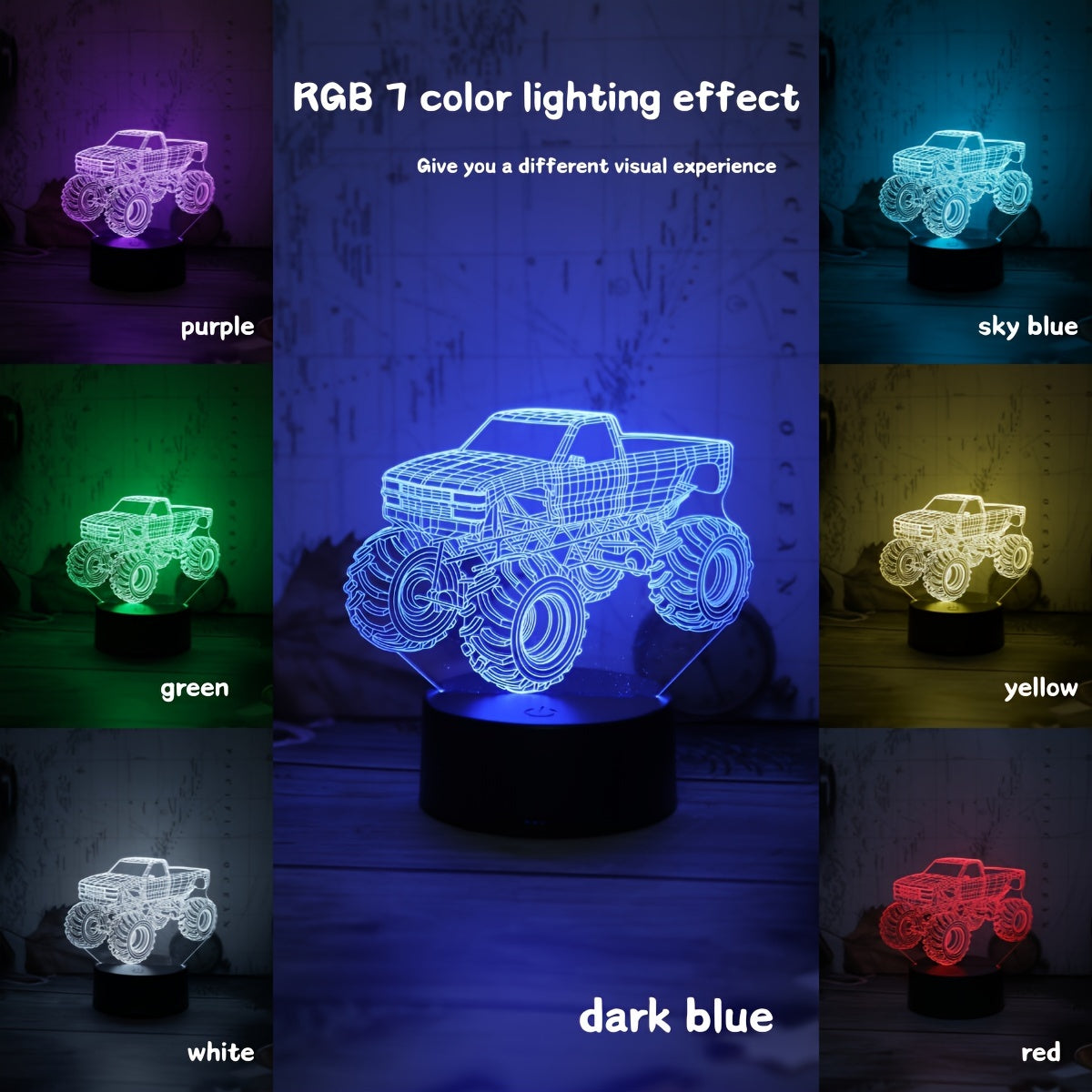 Modern Monster Truck 3D Illusion Table Lamp Touch Control USB Desk Night Light