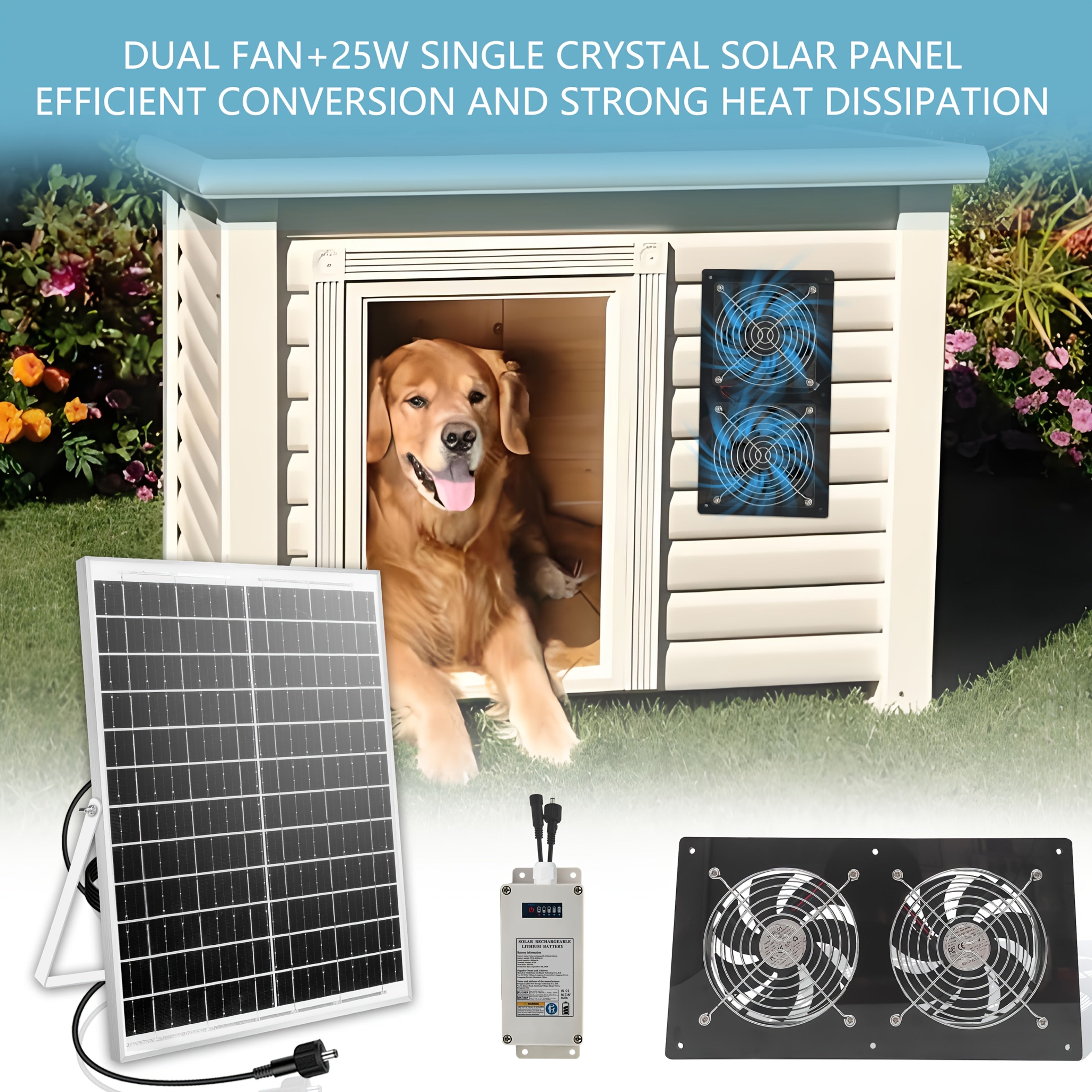 Quyosh energiyali chiqarish ventilyatori 25W, 4000mAh batareyali, ichki va tashqi sovutish uchun