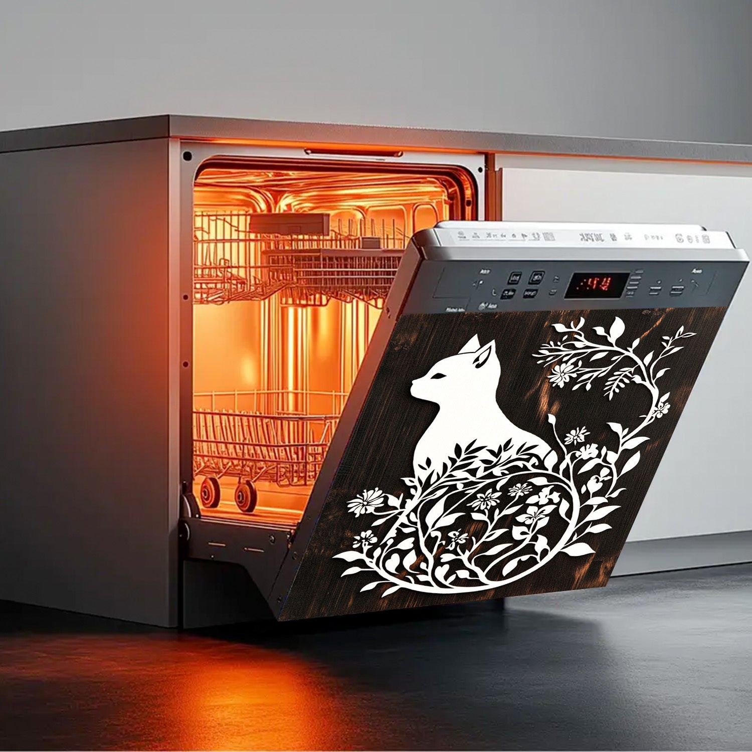 Silhouette Floral Cat Dishwasher Magnet Cover Waterproof Heat-Resistant Black Wood Design