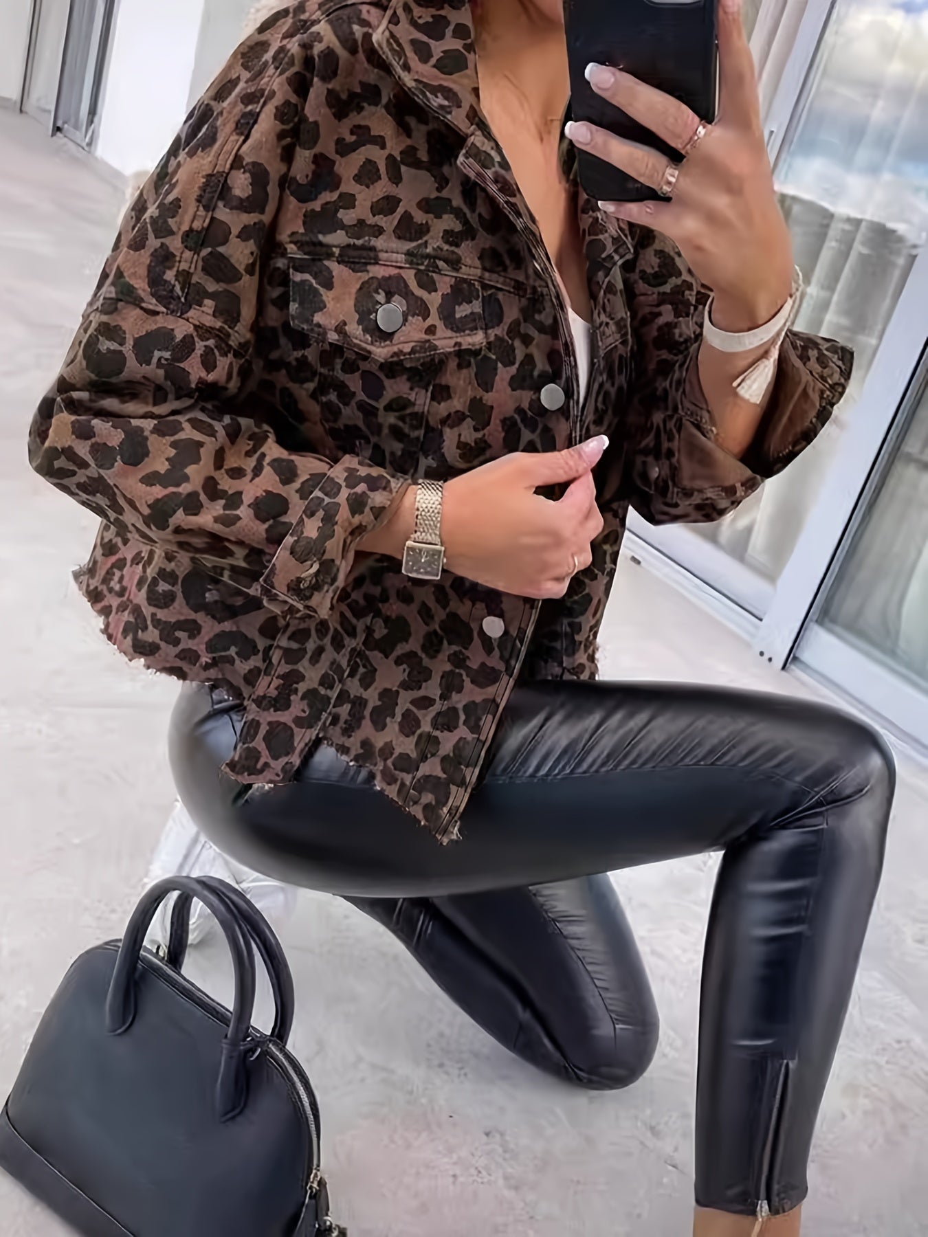 Women's Leopard Print Denim Jacket Long Sleeve Casual Spring Fall