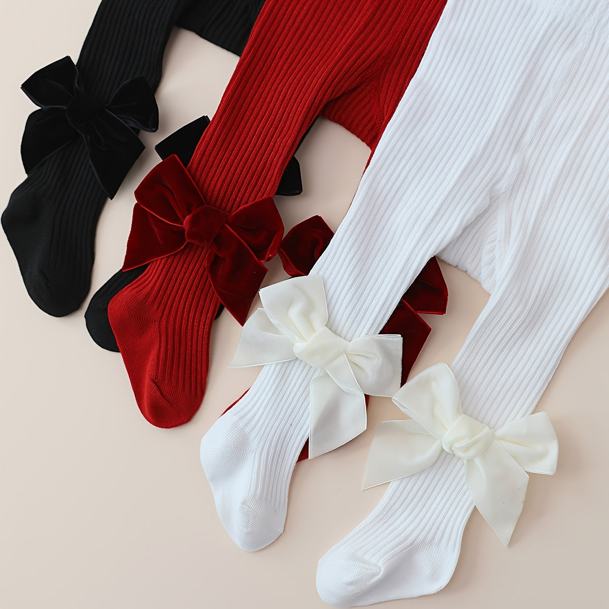 Leggings de terciopelo con lazo para niñas, tela de punto para todas las estaciones en rojo, negro y blanco