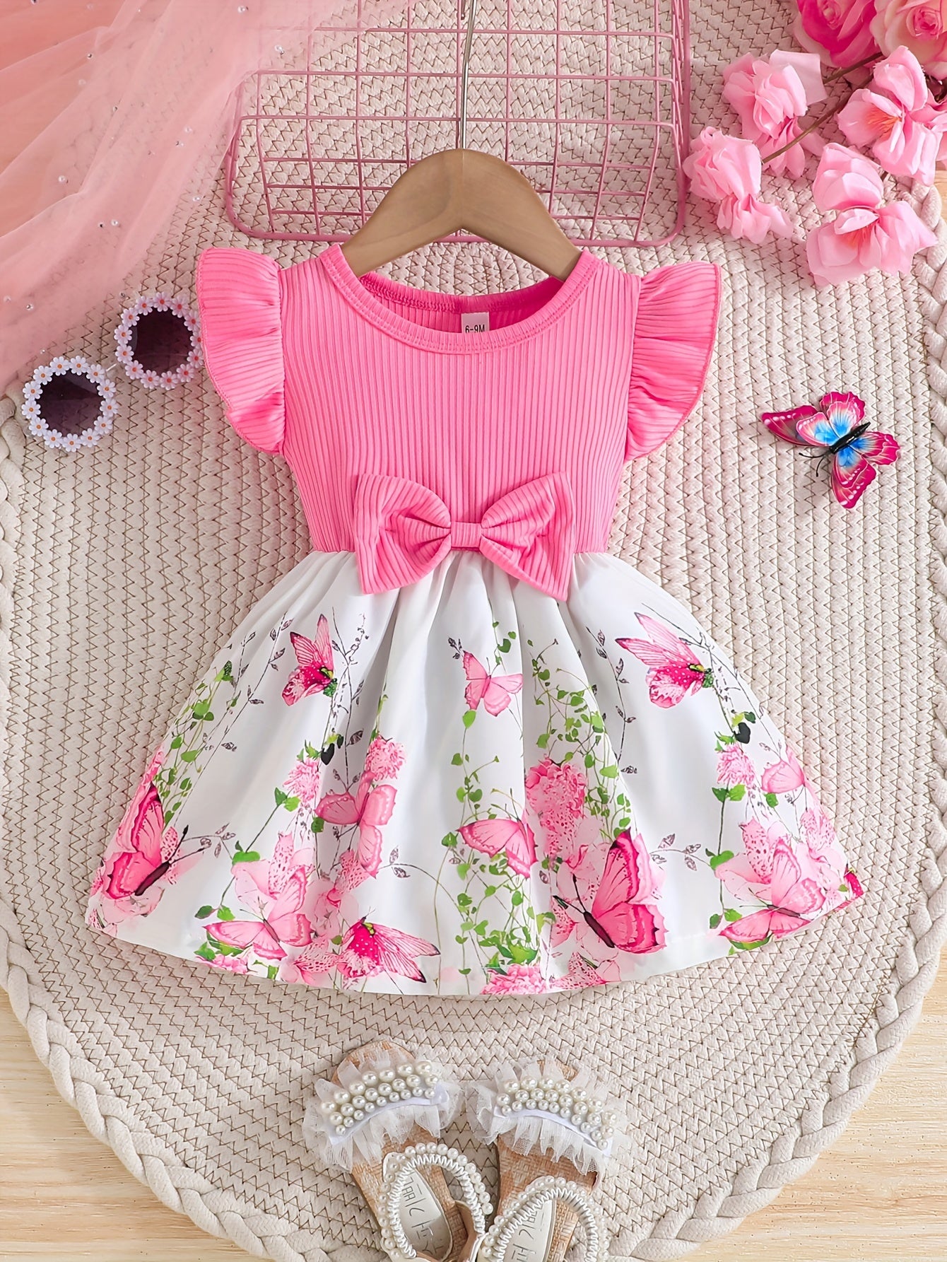 Girls Floral Ruffle Sleeve Dress Polyester Knit Casual Spring Summer Ages 12 and Under