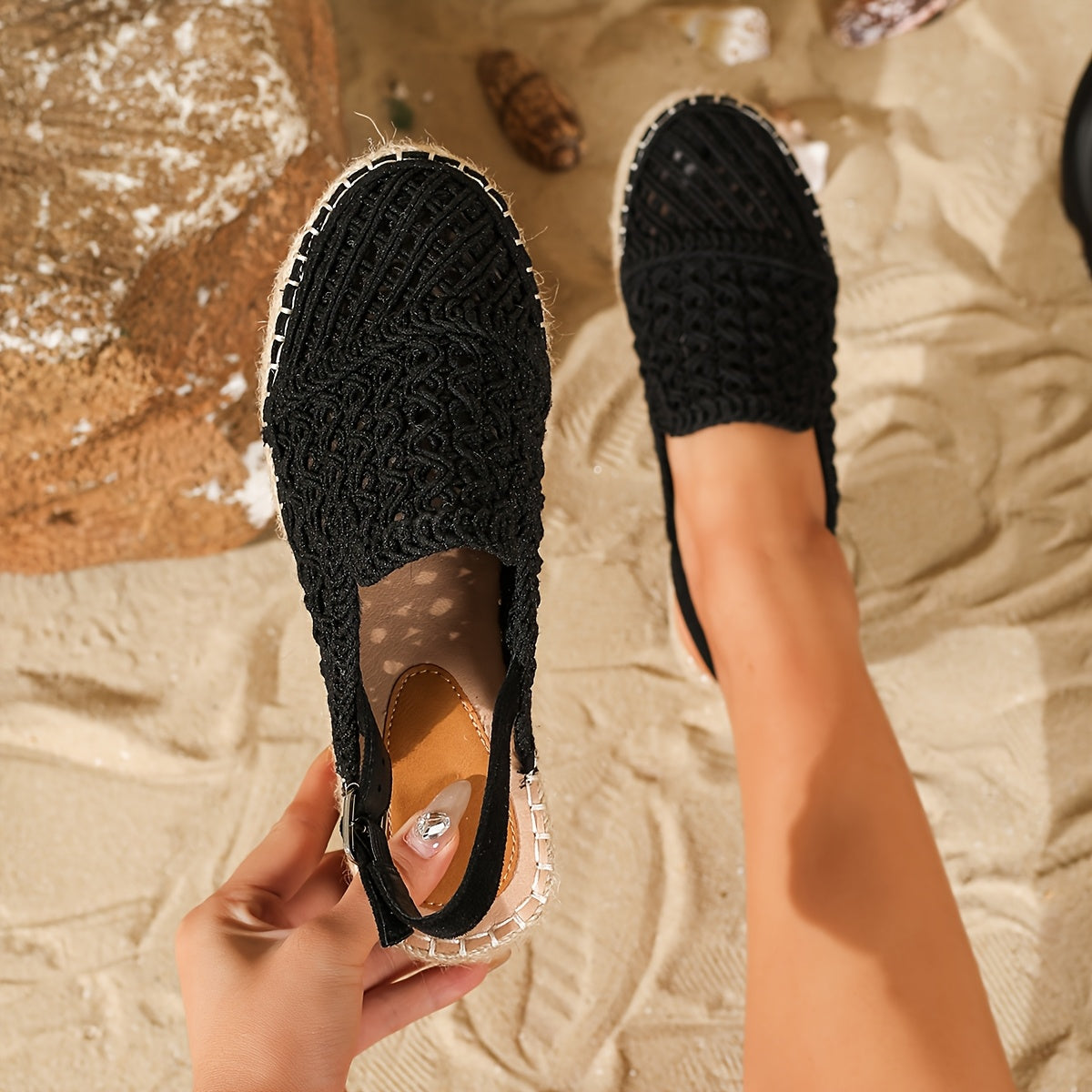 Women's Black Woven Fabric Beach Sandals with Ankle Bracelet and Non-Slip Sole