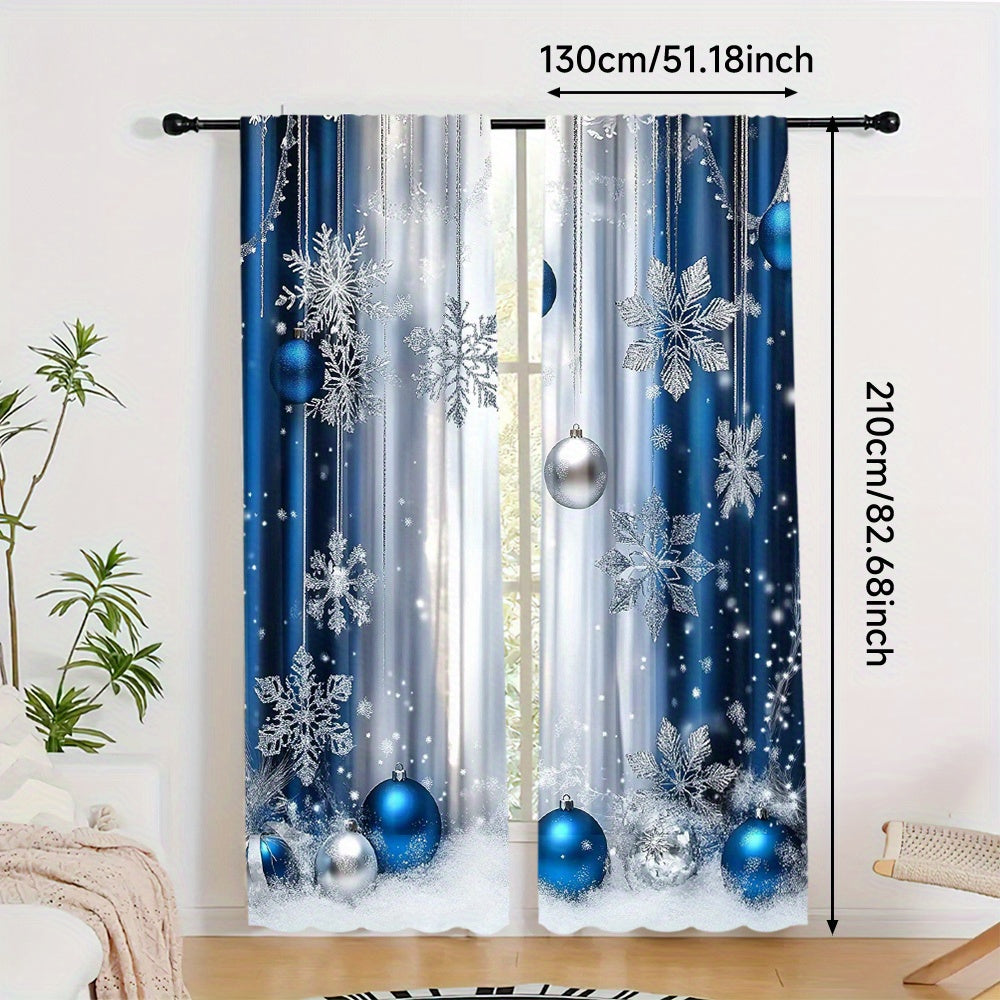 Blue Festive Curtain Set Includes 2 Polyester Digital Printed Rod Pocket Drapes for Living Room Kitchen Dining