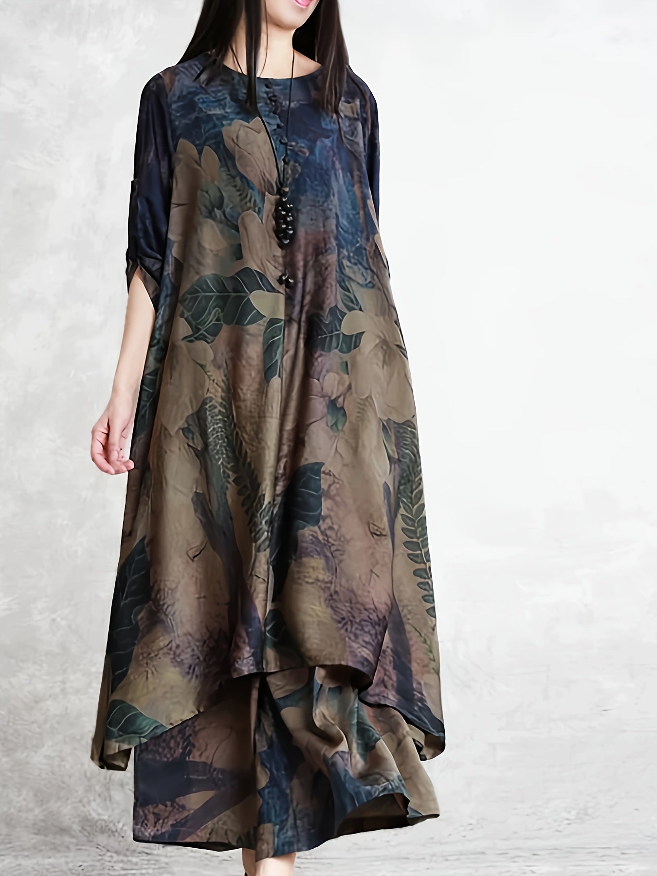 Traje de mujer de talla grande con estampado floral de poliéster, cuello redondo y tela tejida