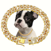 Dog Collar with Rhinestones Cuban Link Stainless Steel 13mm Wide Adjustable