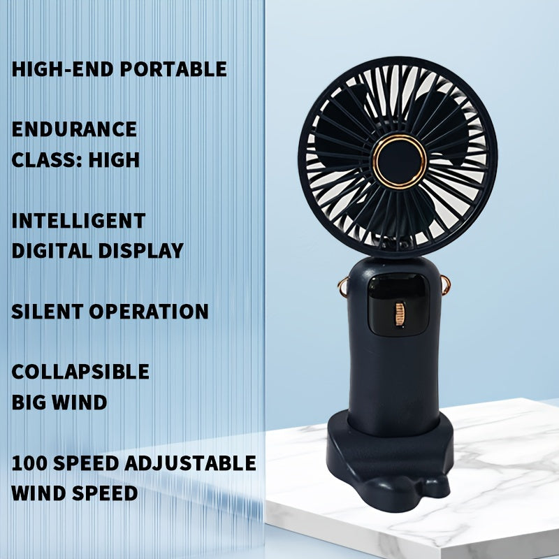 Handheld Fan with Phone Holder, Portable LED Display, Foldable, Adjustable Speeds