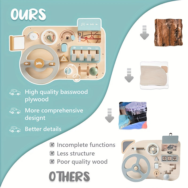 Wooden Busy Board Toy for Kids Age 18 Months Plus with Vehicle Sign Recognition and Motor Skills Development in Light Green Blue Yellow