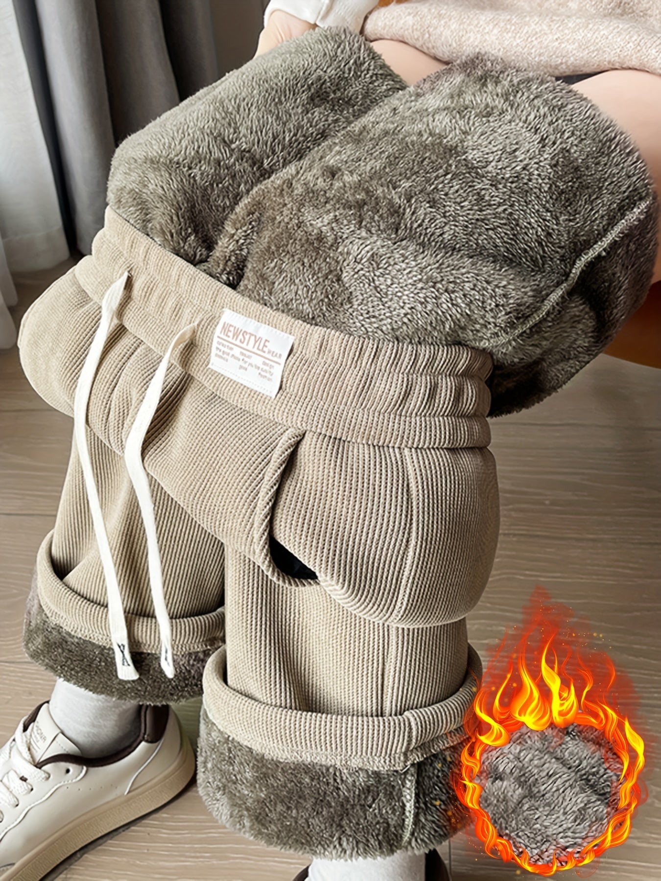 Women's Fleece-Lined Corduroy Wide Leg Pants Long Winter Joggers with Drawstring