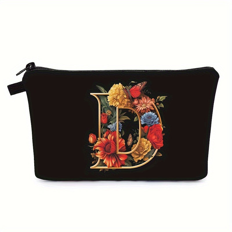 Bolsa de maquillaje negra para mujer con patrón de mariposas y flores para organizar los esenciales de belleza