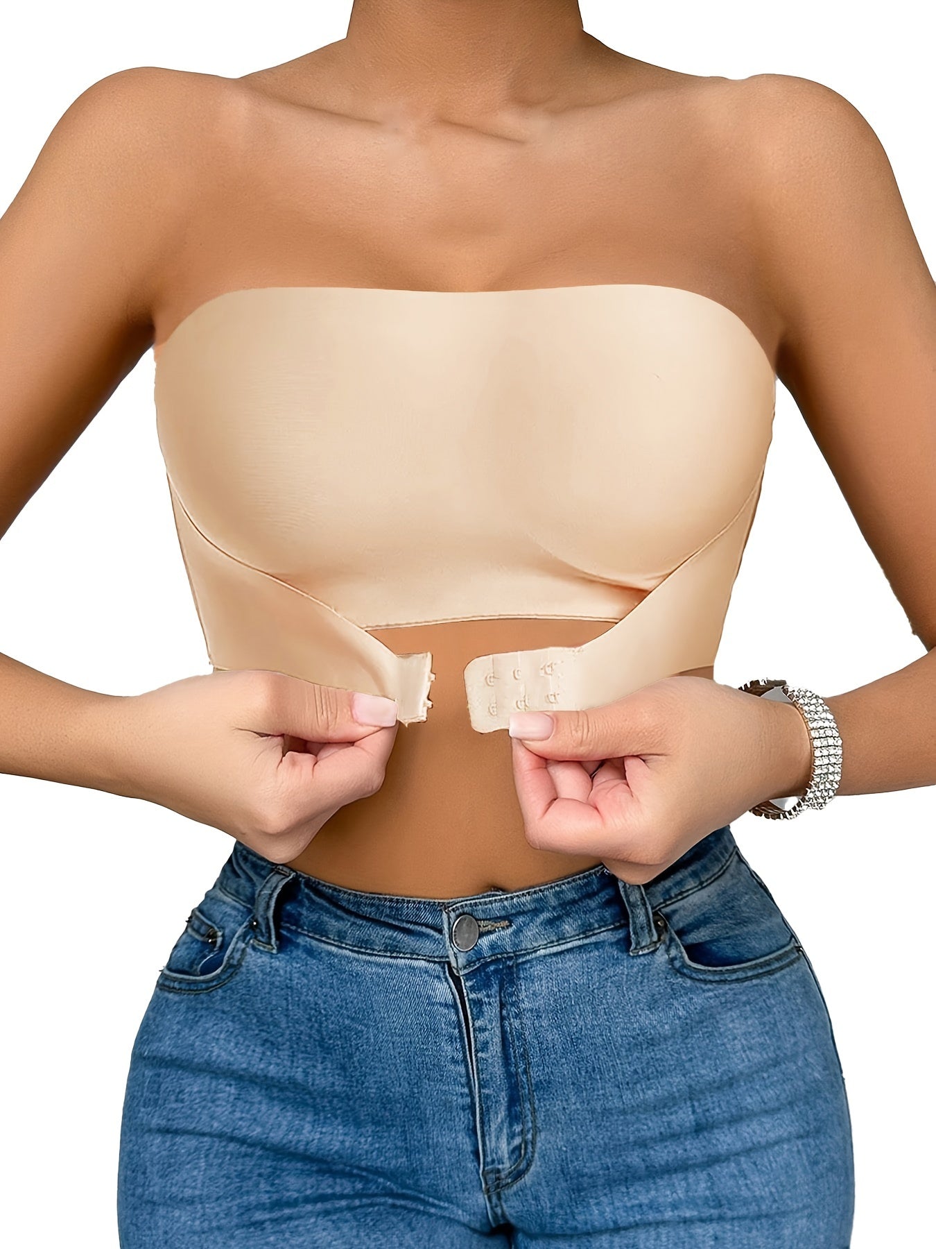 Women Seamless Strapless Steel Ring-Free Front Buckle Bra Invisible Tube Top Non-Slip Push-Up for Small Chest
