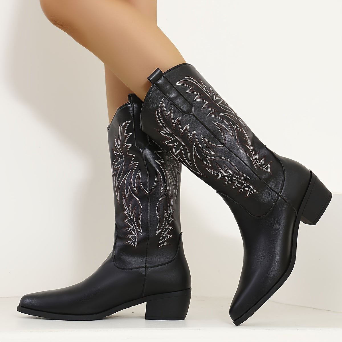 Women's Black Western Style Slip-On Cowboy Boots with Embroidery, Plus Size