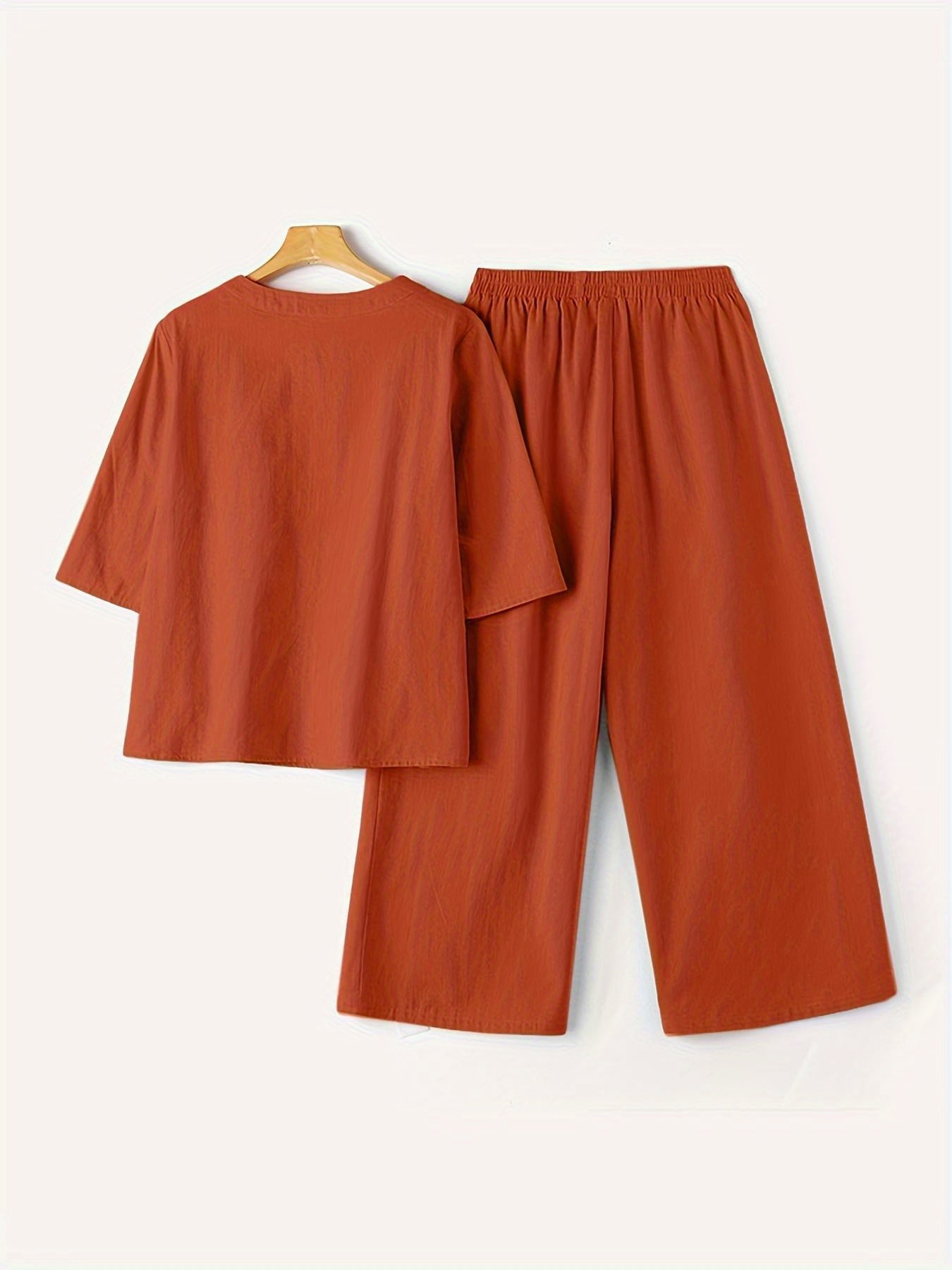 Plus Size Women's Cotton Lounge Set V-Neck Top 3/4 Sleeves Pockets Wide Leg Trousers