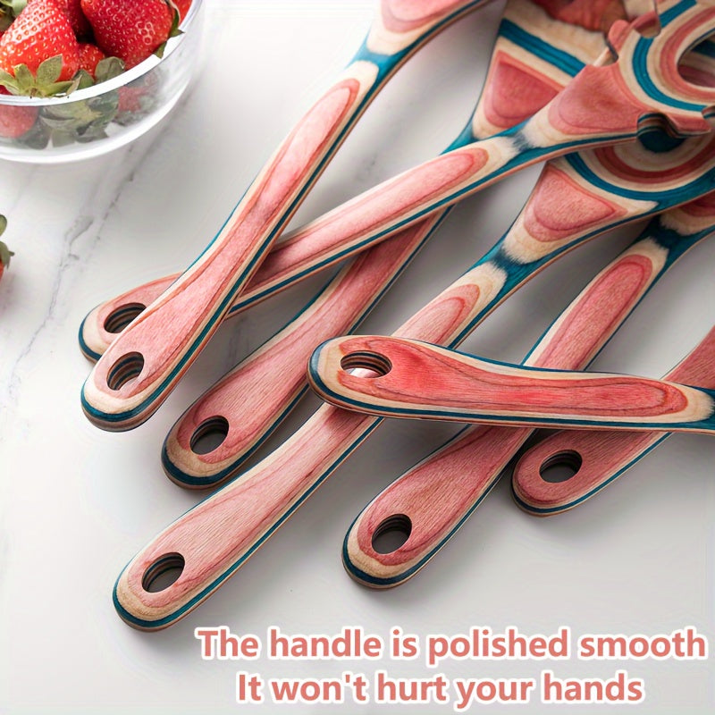 Set of 7 Colorful Wooden Kitchen Utensils Heat-Resistant Spatula Turner Spoon Fork Salad Servers