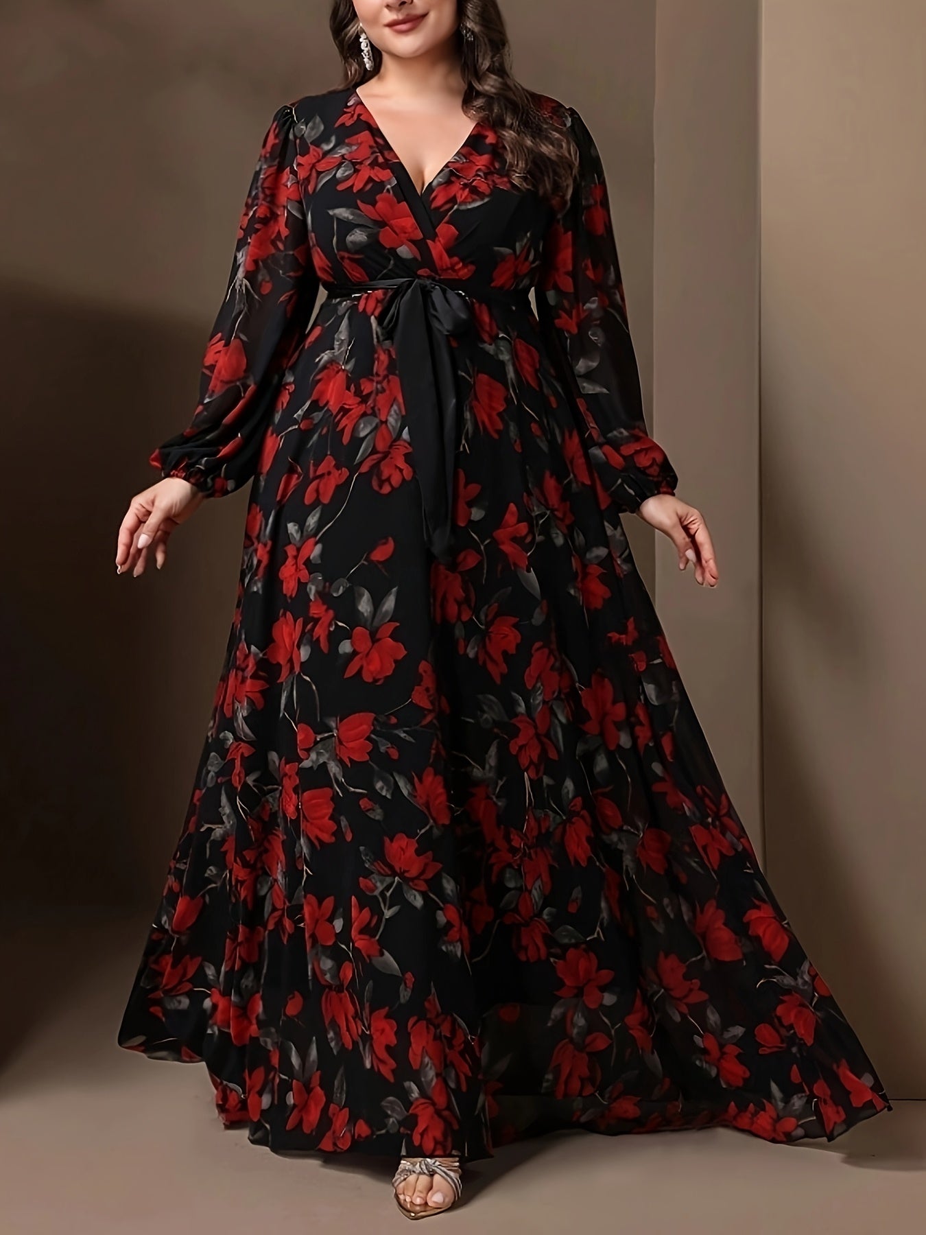 Floral Print V-Neck Maxi Dress with Tie Waist for Spring Fall