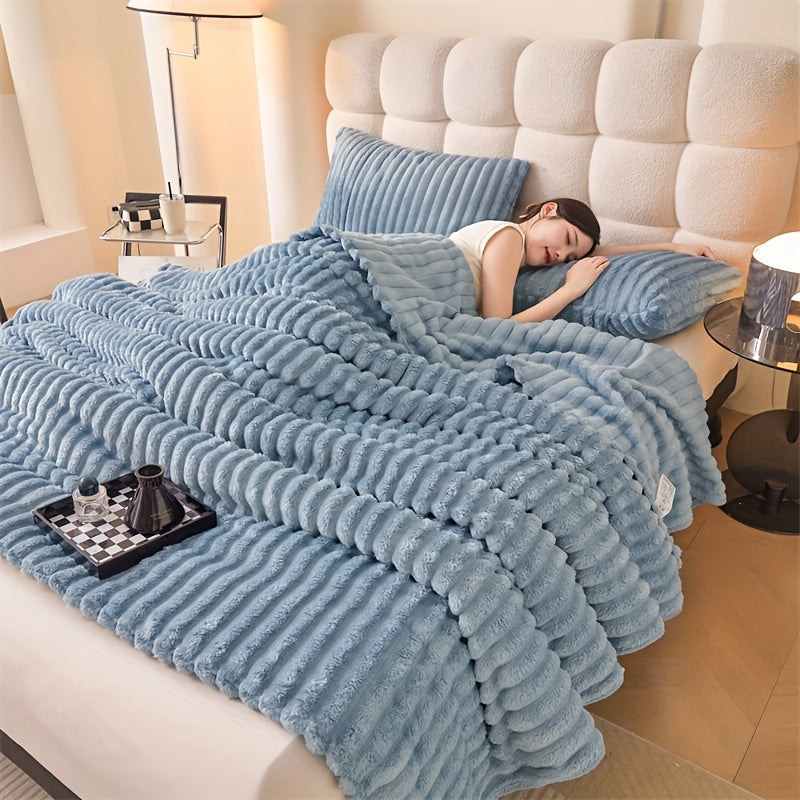 Manta de pelo sintético de conejo acogedora y suave, con rayas multicolores para sofá, cama y oficina