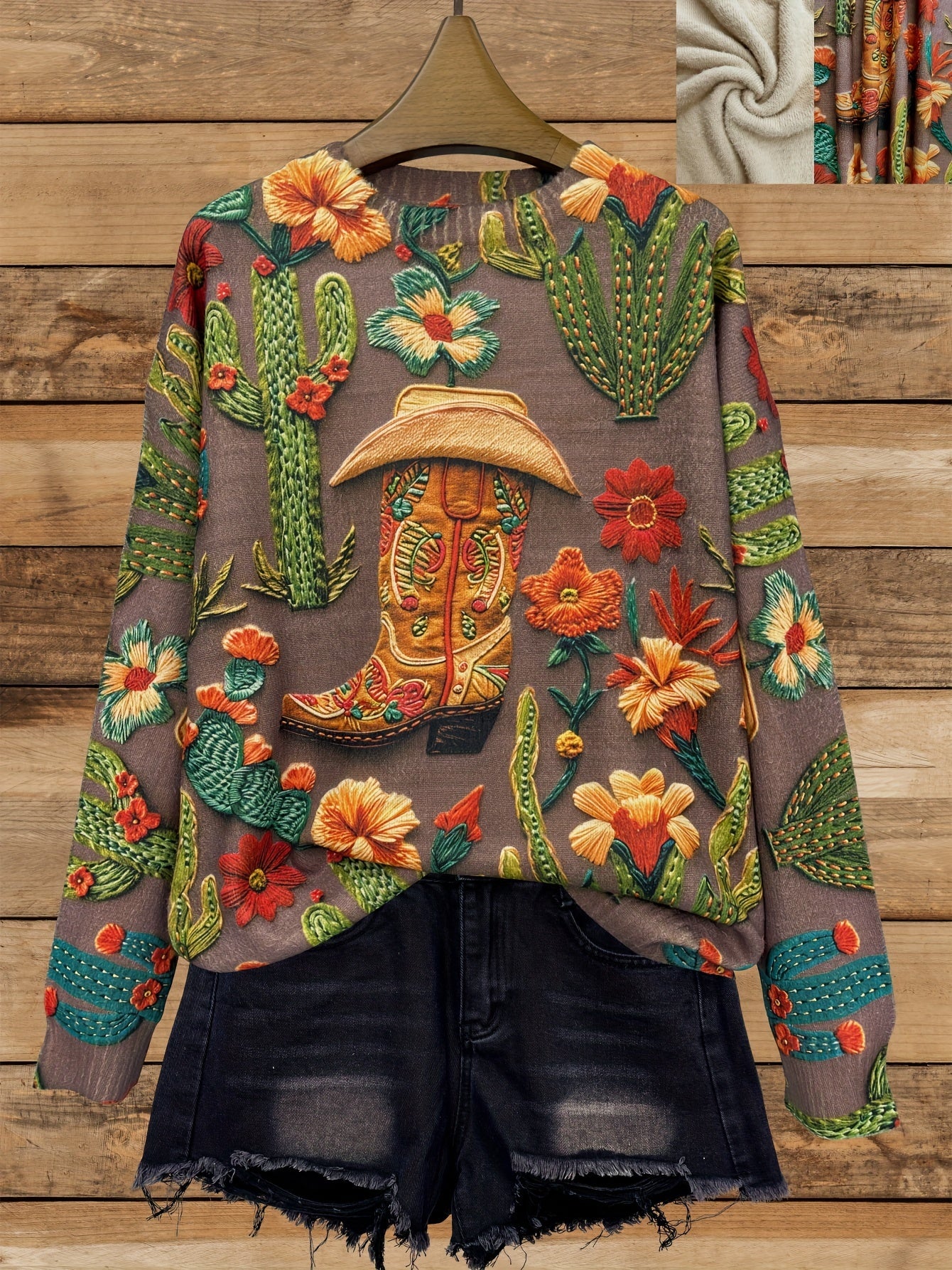 Plus Size Women's Western Cowboy Knit Sweater Cactus Floral Print