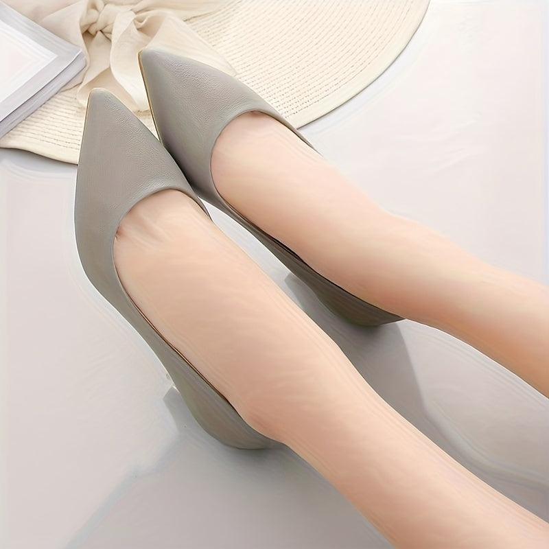 Women's Black Faux Leather Mid-Heel Pumps with Pointed Stiletto Toe and Rubber Sole