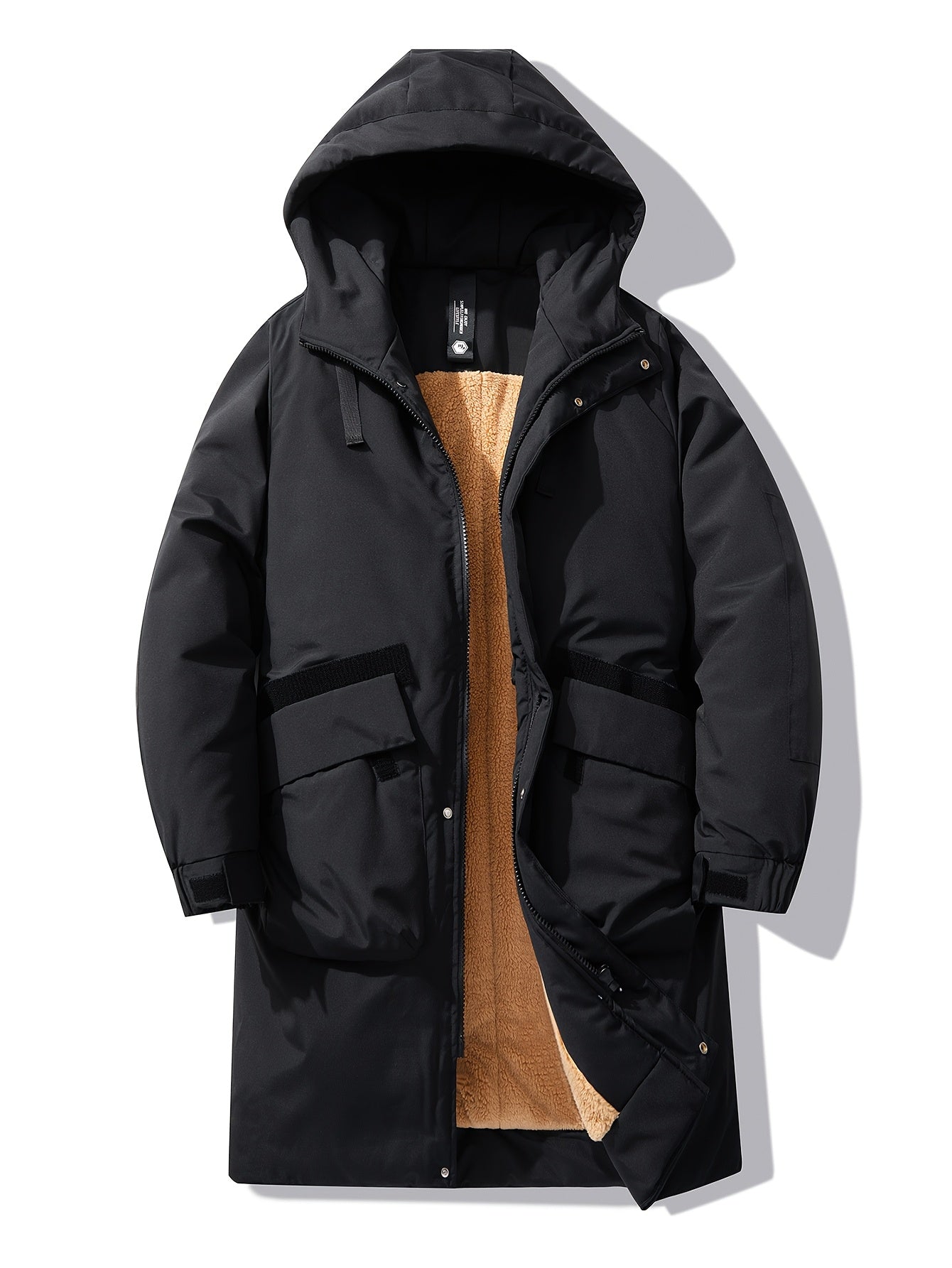 Men's Hooded Jacket with Fleece Lining Black and Orange Plus Size Polyester Casual Winter