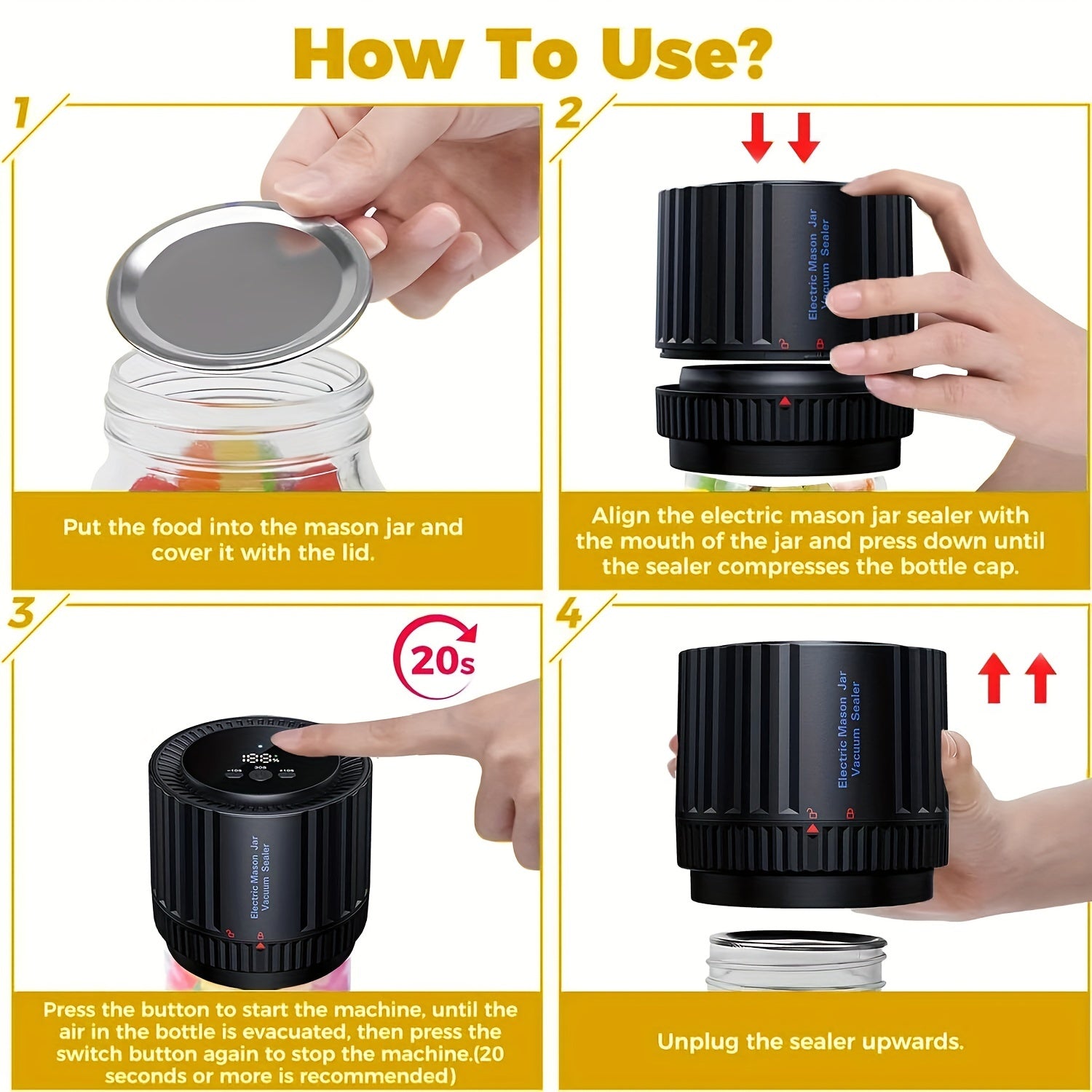 Kit de sellador al vacío con tarro eléctrico y abrelatas, recargable por USB, para almacenamiento de alimentos