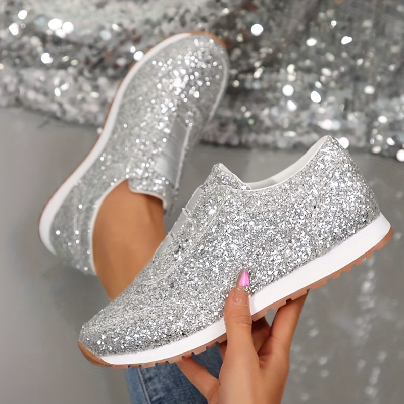 Women Silver Sneakers Low Top Slip-On Breathable Athletic Shoes
